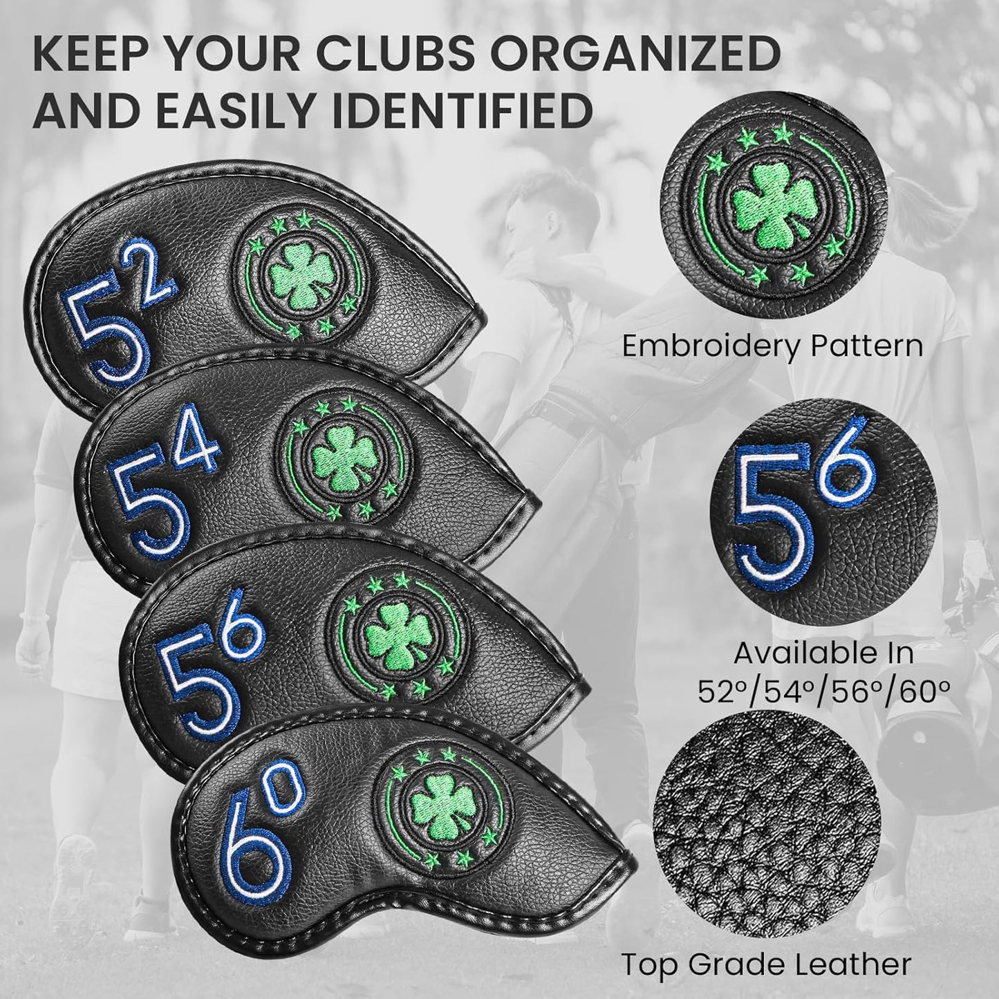 Golf Iron Wedge Head Covers 52° 54° 56° 60° 1 or 4 Pack, Synthetic Leather Clover USA Flag Design Club Head Protection, Universal Headcover Fit Iron Clubs for Men Women
