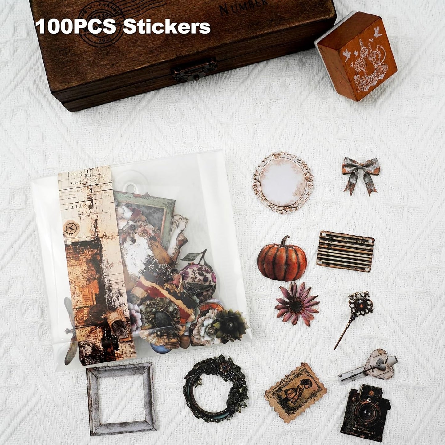 Retro Journal Sticker Set, 100PCS Vintage Precut Designs Featuring Florals, Keys, Frames, Butterflies and Ephemera Elements for Scrapbook and Collage Art