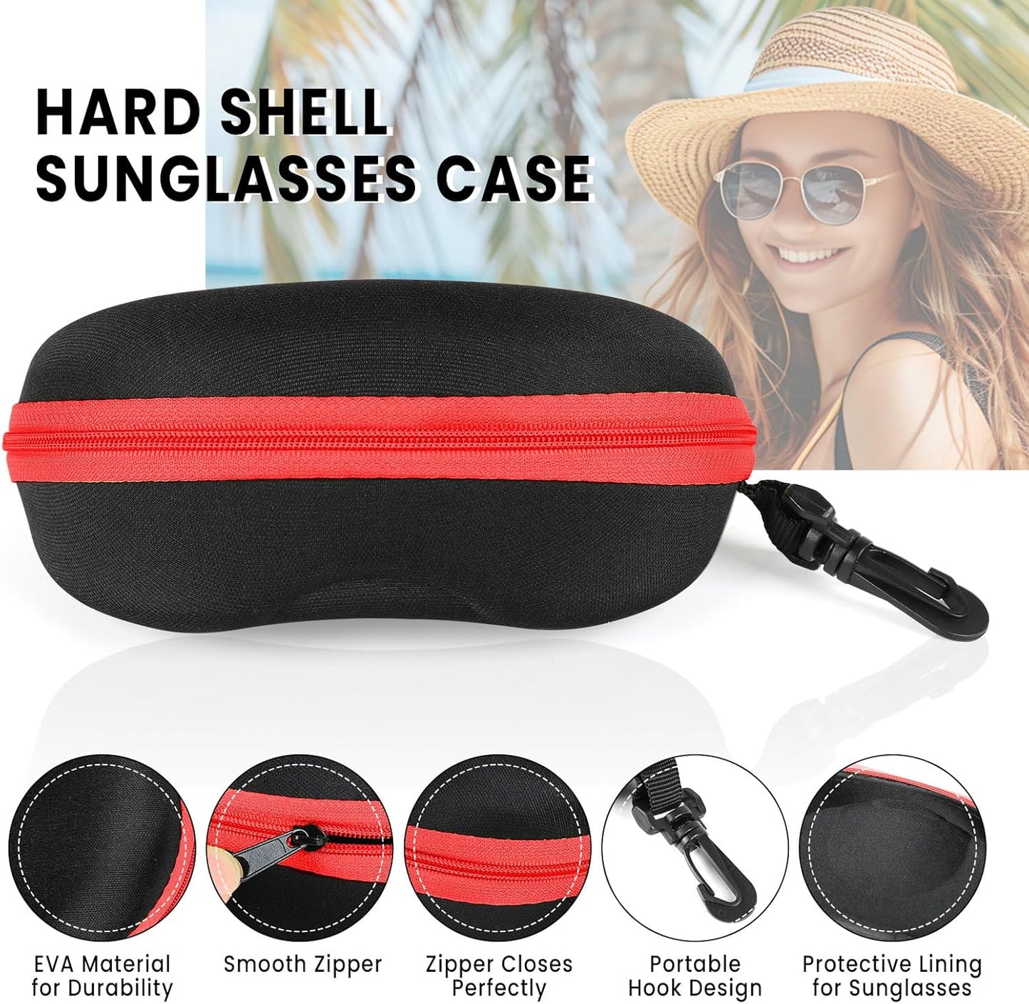 INNOLIFE Zipper Hard Shell Sunglasses Cases, Portable Travel Eyeglasses Cases with Plastic Hook for Men Women