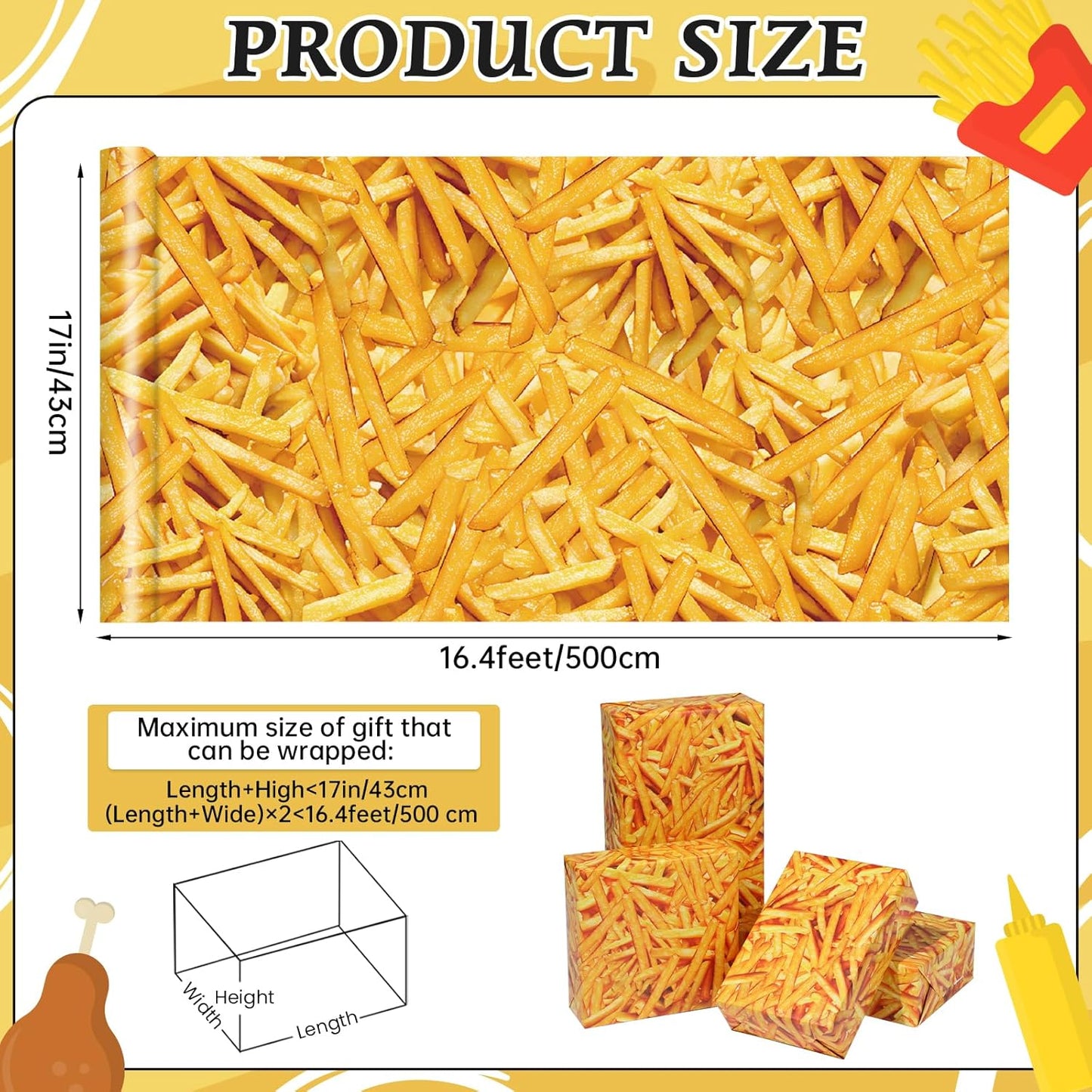 French Fries Wrapping Paper Roll - 17Inch x16.4Feet - Funny Realistic Crispy Fries Pattern Gift Wrap Food Gift Packing Paper for Birthday,Party