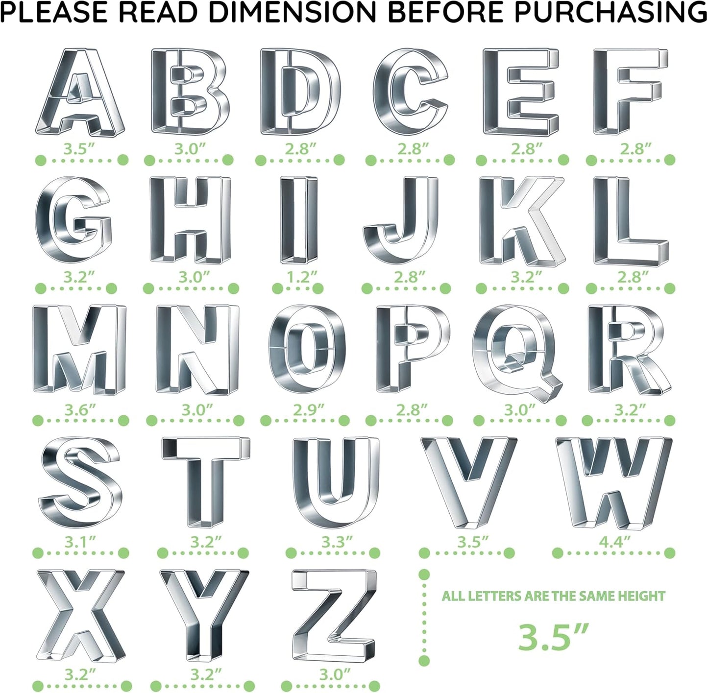Bakerpan Stainless Steel Alphabet Cookie Cutter Set, Big 3.5 Inch English Letters, 26 Large ABC Cookie Cutters, with Bonus Dough Cutter