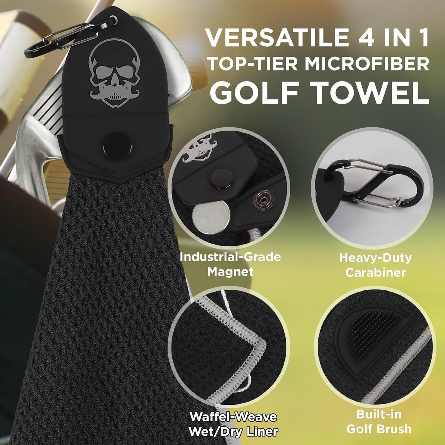 Magnetic Golf Towel (Black) Microfiber Golf Towel | Ultra Absorbant Waffle Pattern | Extra Strong Magnet for Golf Cart or Clubs