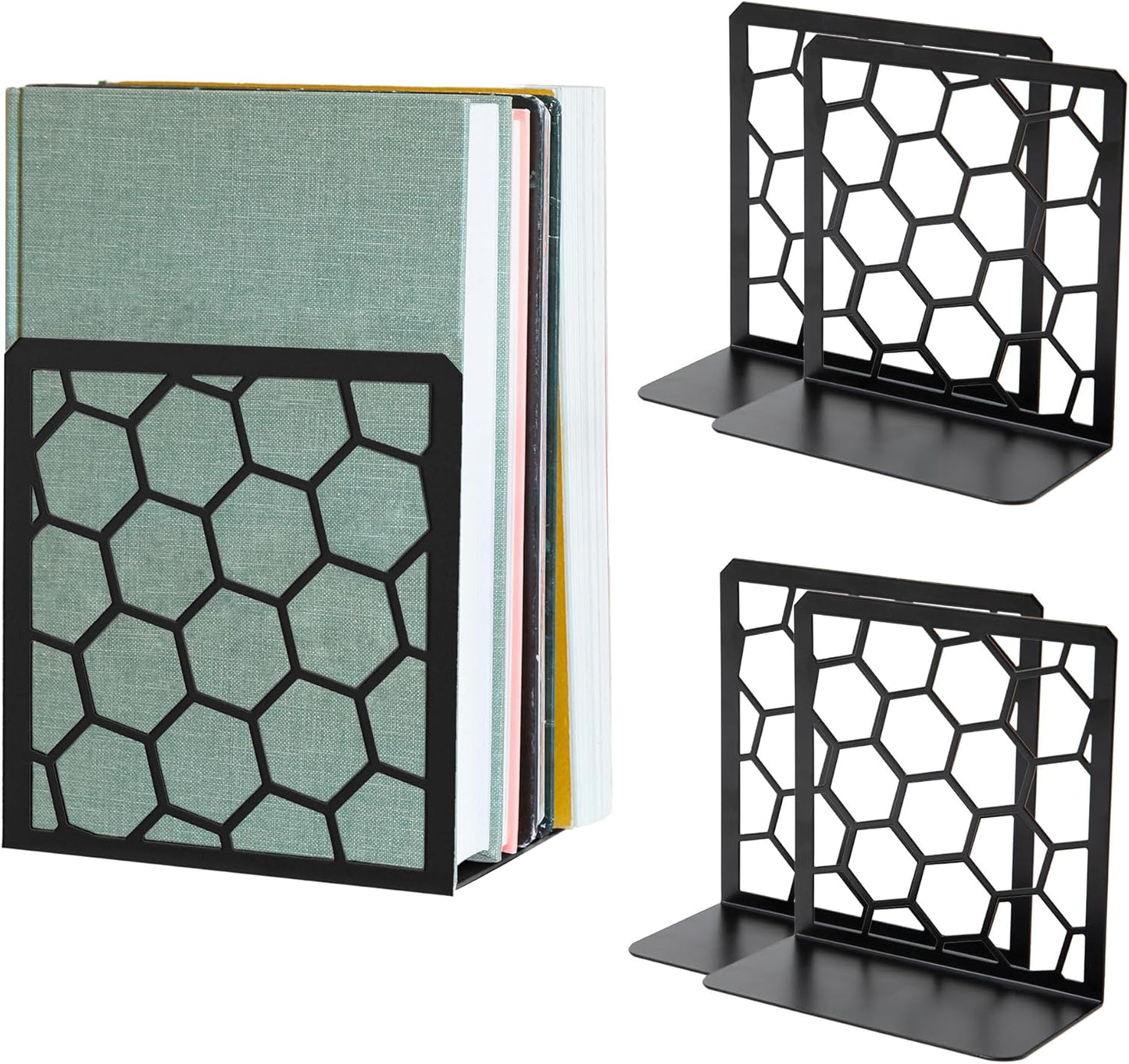 GEOMOD Geometric Honeycomb Black Metal Bookends Decorative - Tall Sturdy Book Ends for Shelves - Modern Heavy Duty Bookend Stopper - Office or Home Book Shelf Book Holder - 6x3.25x6.25 Inches - 2 Pair