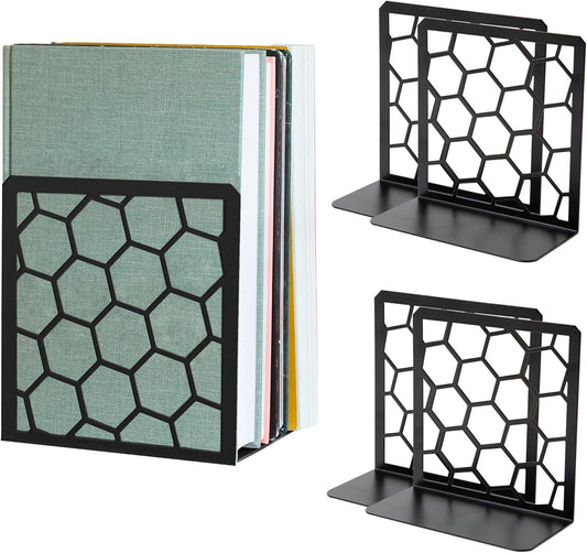 GEOMOD Geometric Honeycomb Black Metal Bookends Decorative - Tall Sturdy Book Ends for Shelves - Modern Heavy Duty Bookend Stopper - Office or Home Book Shelf Book Holder - 6x3.25x6.25 Inches - 2 Pair