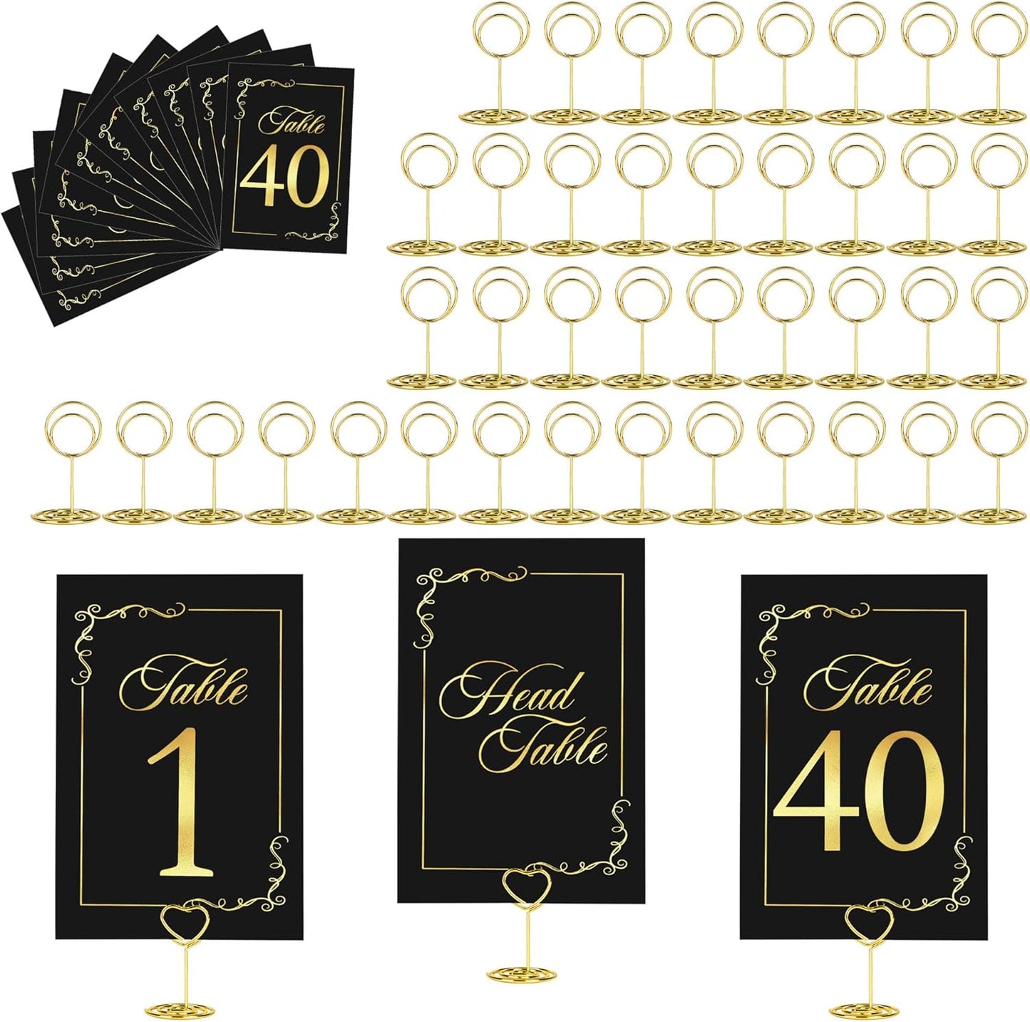 JOYIT 41 Sets Wedding Table Number 1-40 and Head Table Card with 41 Pcs Table Number Holders, Black Gold Table Number Cards with Place Card Holders, 4" X 6" Table Numbers Card for Wedding Reception