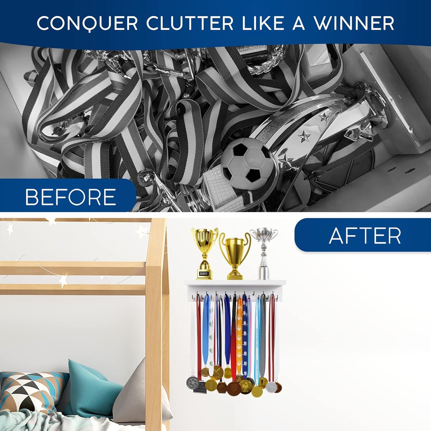 EVERMORE Medal Hanger Display and Trophy Shelf with Hooks - Wooden Medal Holder for Wall Mount Ribbon Display, Trophy Display Shelf for Gymnastics, Soccer, Running Race Medals Awards Rack