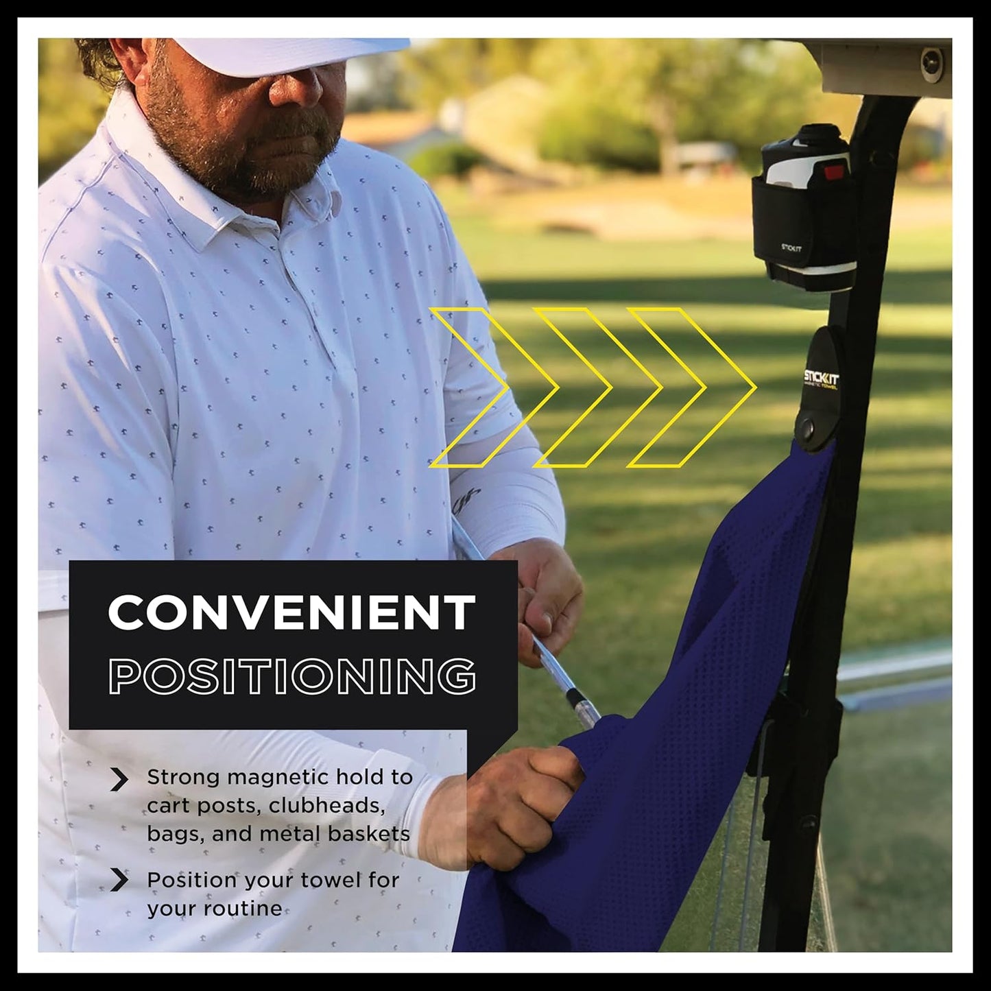 STICKIT Magnetic Golf Towel, Navy, Premium 29" Microfiber with Deep Waffle Pockets, Industrial Strength Magnet for Secure Hold to Golf Carts & Clubs, Ultra-Absorbent, Fast-Drying, Easy-Clean Design