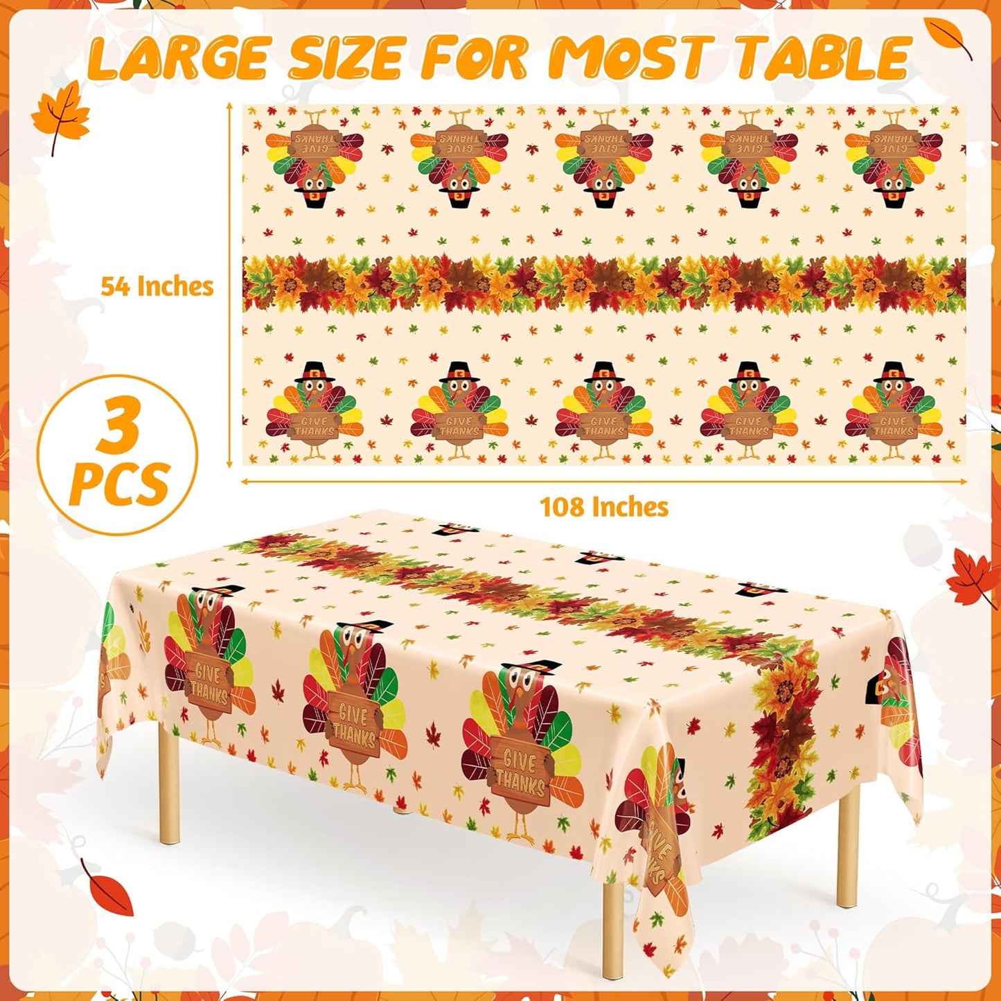 QZYL 3 Pack Thanksgiving Tablecloths, 54" x 108" Fall Disposable Table Cloth, Maple Leaves Turkey Tablecloth Rectangle Plastic Tablecover, Thanksgiving Table Decor Fall Decorations for Home
