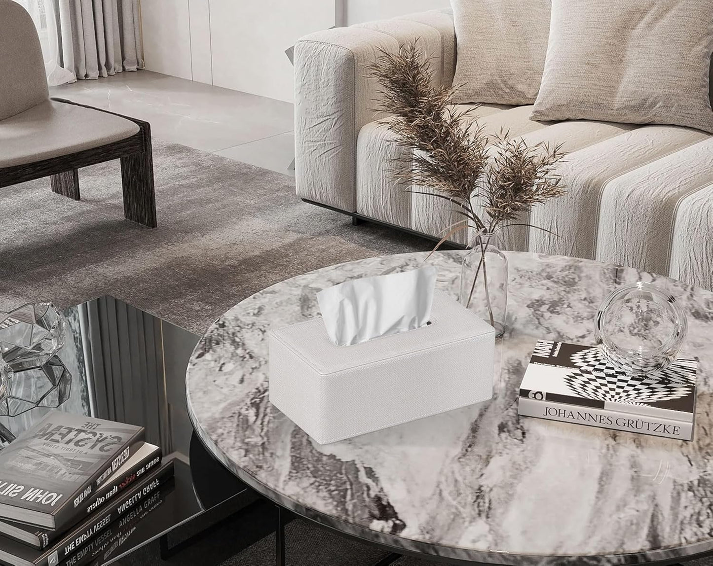 Tissue Box Cover Rectangular 9.8"(L) x 5.3"(W) x 4.3"(H) Refined Modern PU Leather Facial Tissue Dispenser Box Holder for Dresser Bathroom Decorative (Linen Beige)