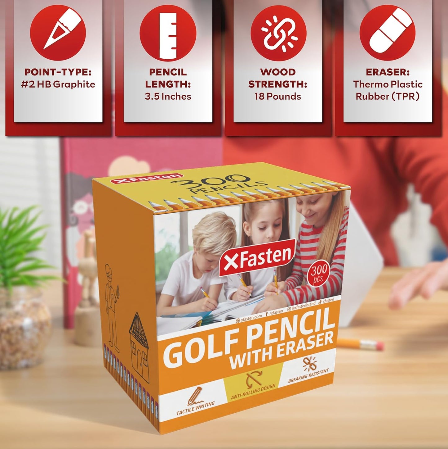 XFasten Golf Pencils with Erasers Bulk, 300-Pack 3.5" #2 HB Pre-Sharpened Easy-to-Grip Half Mini Golf Pencils for Kids, Adults, and School Supplies - Hexagonal, Smooth Writing, and Non-Smudging