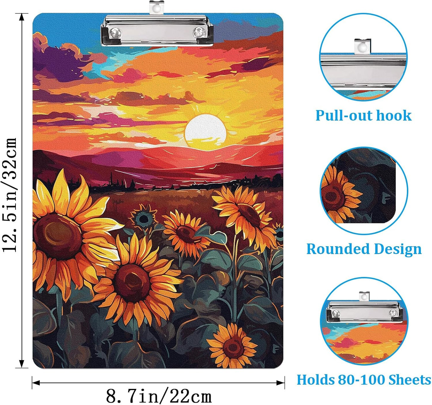 Sunflowers and Sunset Clipboard A4 Letter Size Plastic Decorative Clipboards for Teacher,Nurse Doctor Student and Kid Cute Design for Standard Size 12.5 x 8.7