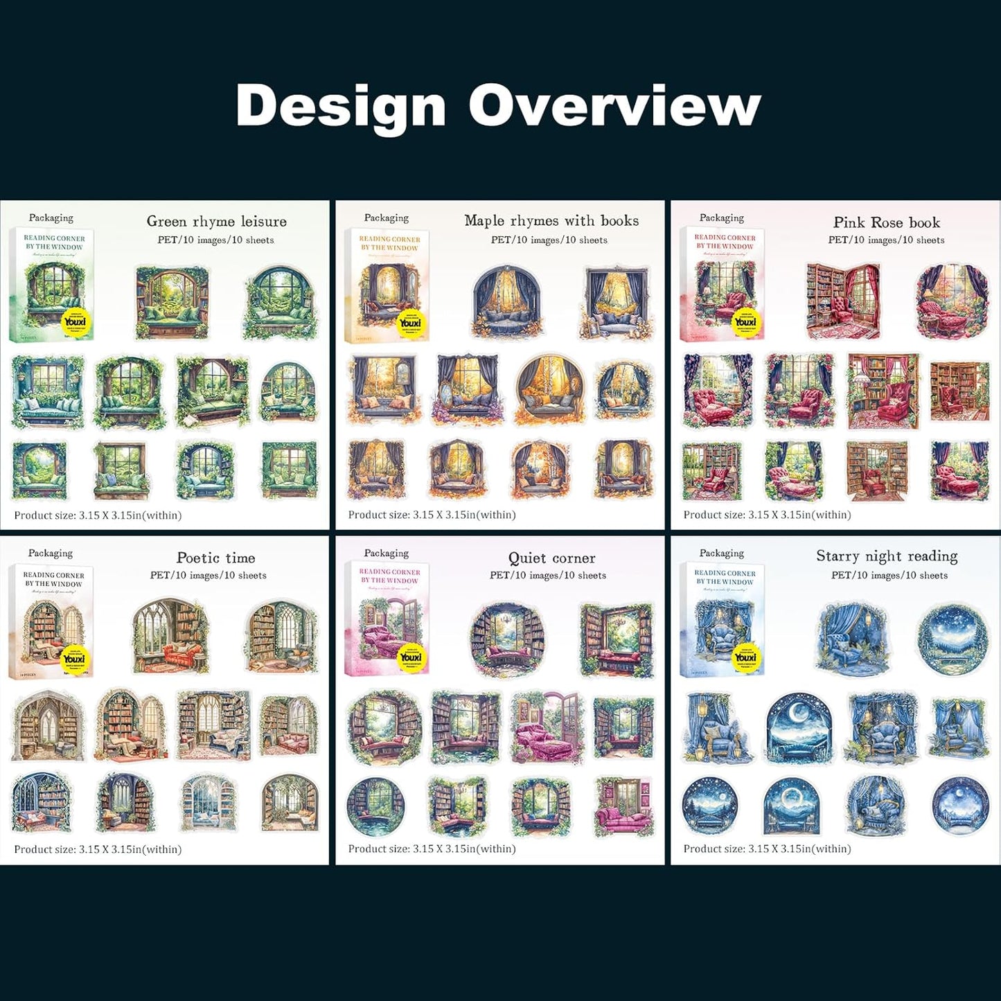 Window Reading Corner PET Sticker Set, 60PCS Cozy Room Scene Stickers for Scrapbooking, Journaling, DIY Crafts and Gift Decoration