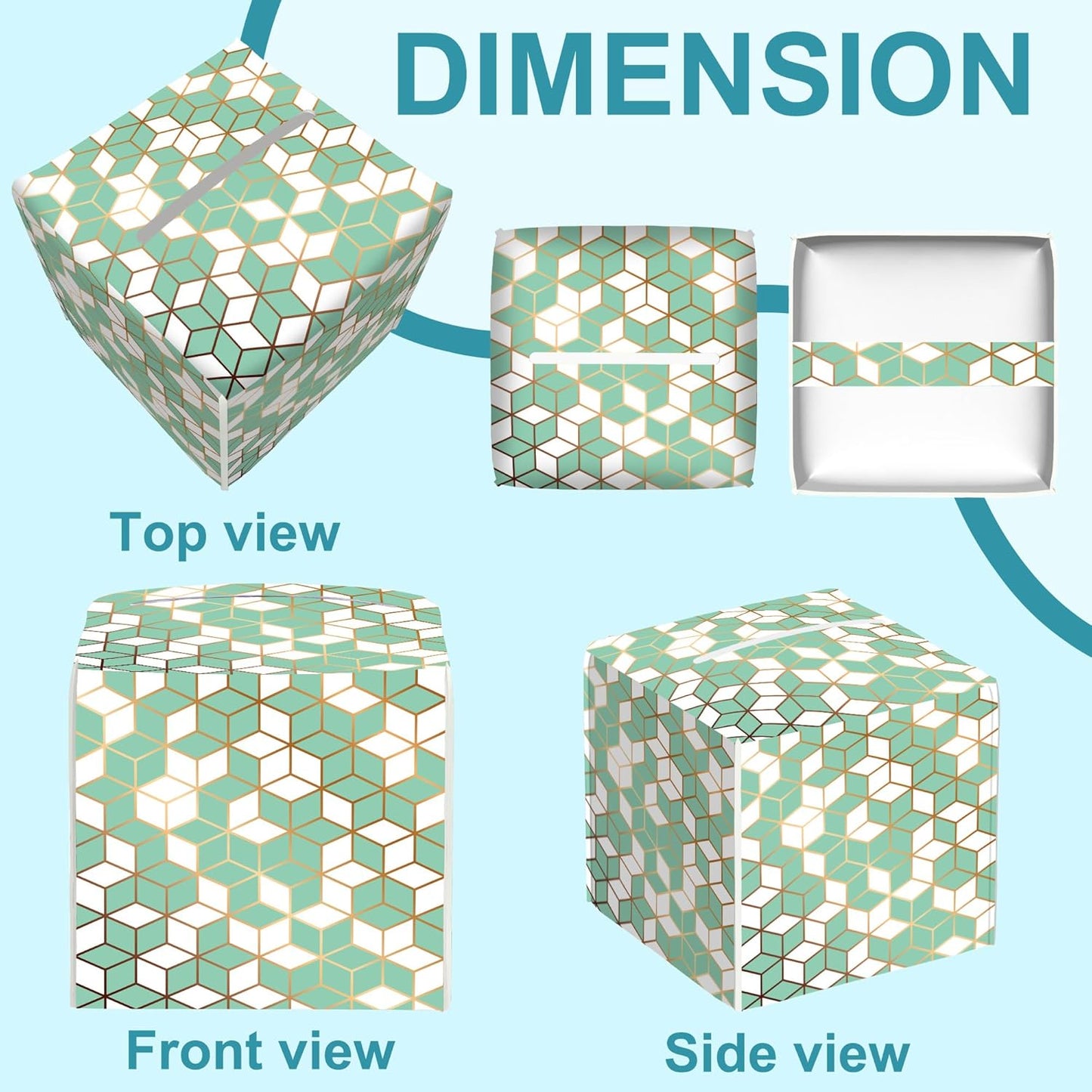 Green Marble Leather Tissue Holder,Golden Geometric Square Tissue Box Cover with Bottom Belt,Modern Decorative Facial Tissue Paper Cover for Bedroom Nightstand Vanity Desk Office,5.2" x 5.2" x 5.2"