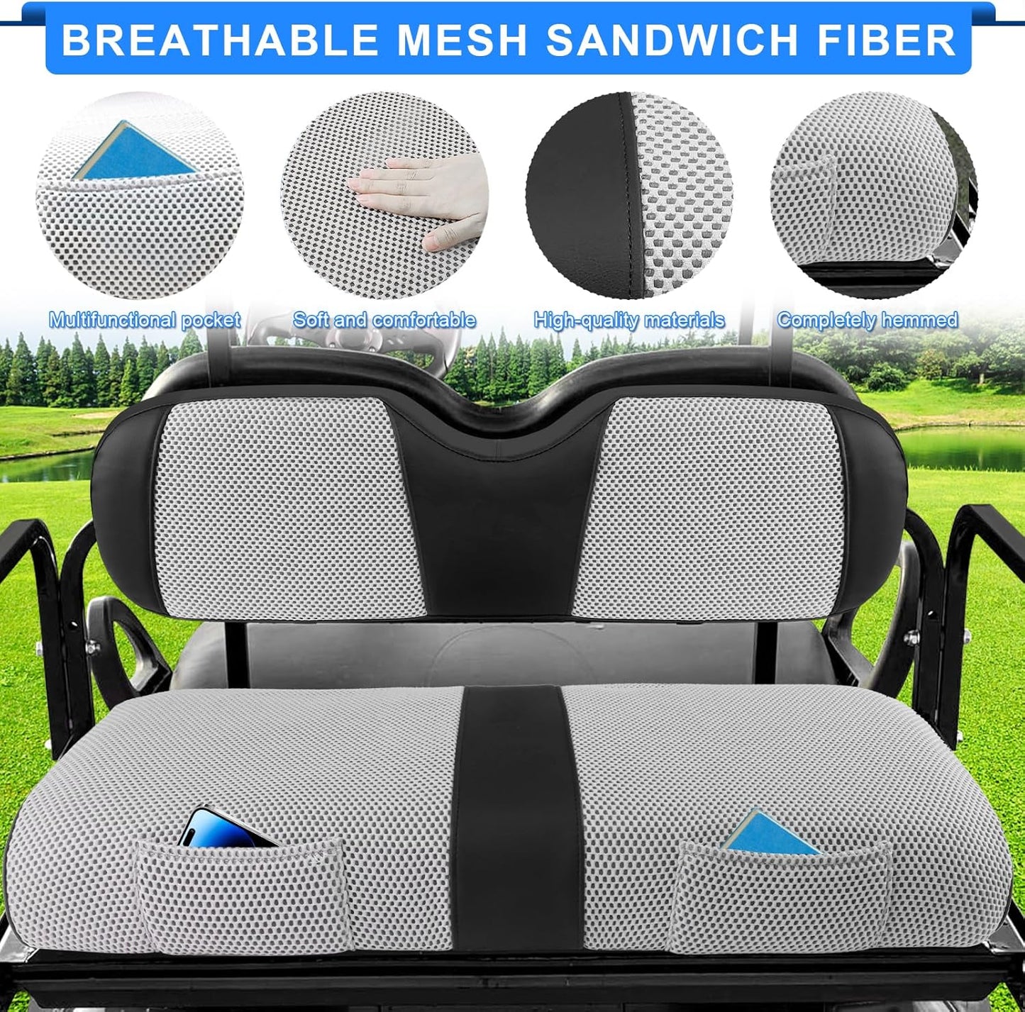 iLSKW Golf Cart Seat Covers - Breathable Fabric Universal Rear Seat Cover for Club Car, Ezgo, Yamaha