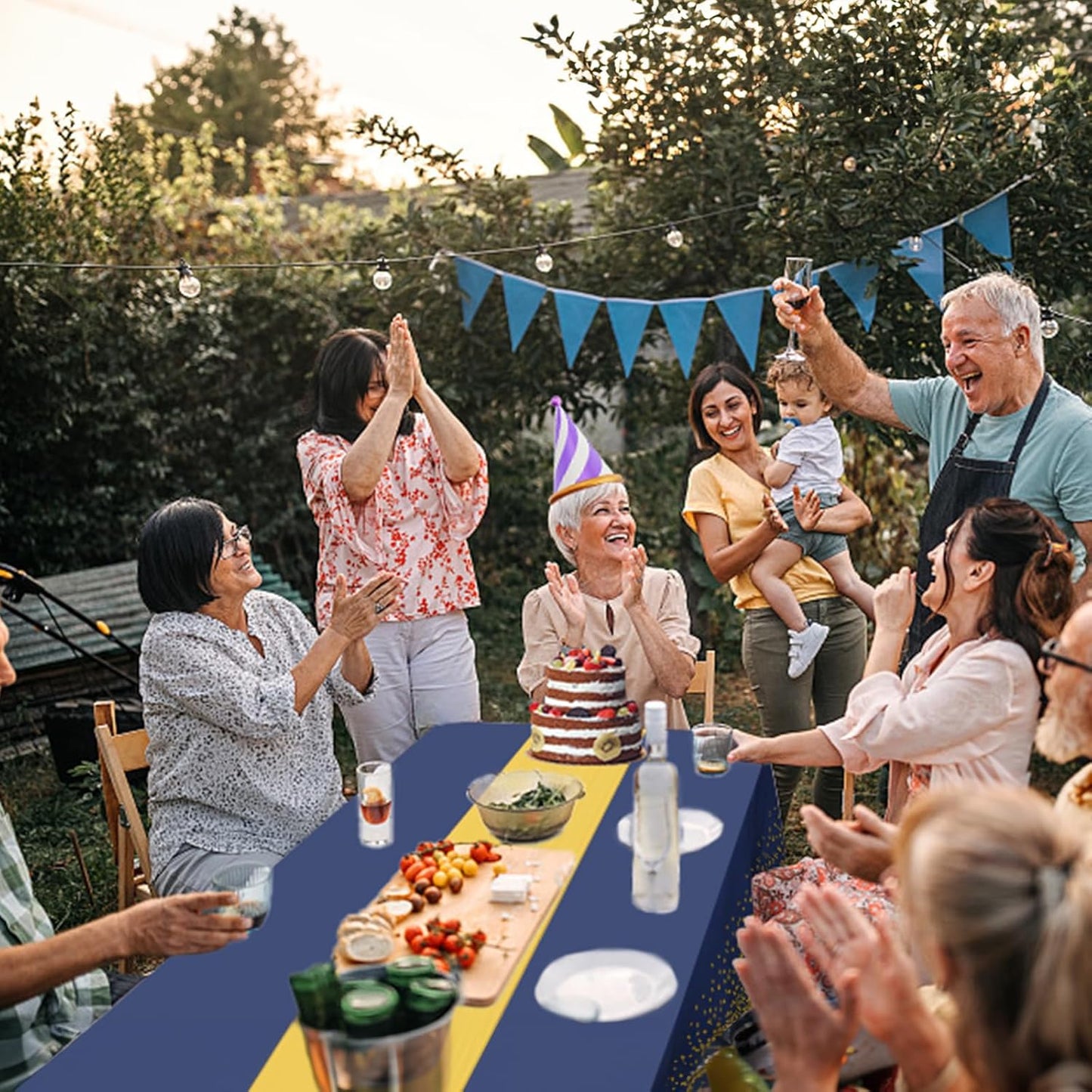 8 Packs Disposable Rectangle Tablecloth and Satin Table Runner, Blue and Gold Plastic Table Cloths for Parties Table Cover for Baby Shower Birthday Wedding Anniversary Engagement Party Decorations