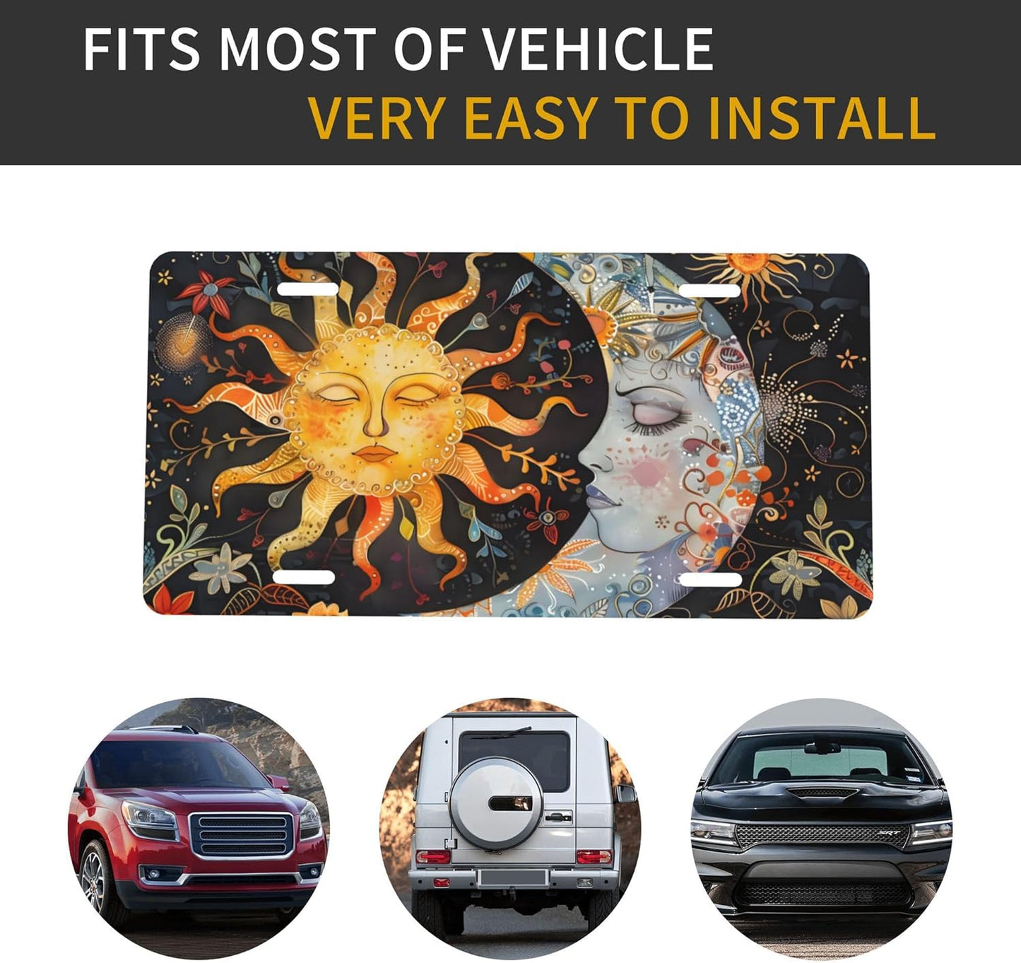 Front License Plate for Car Designs Abstract Sun Moon Flower Stainless License Plate Cover Holder for Men Women Metal Aluminum Decorative Accessory Vanity Tag Standard 6 X 12 Inch (4 Holes)