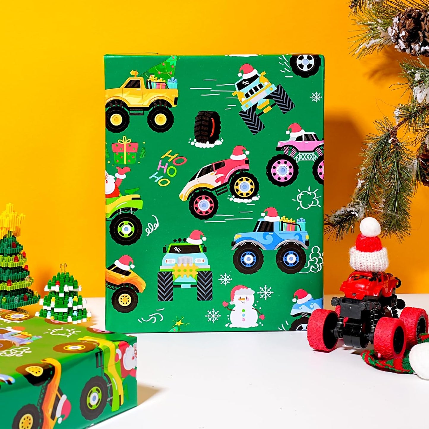 LaRibbons Monster Truck Christmas Wrapping Paper Mini Roll, Monster Truck, Santa and Christmas Trees Design, Fun Holiday Gift Wrap for Kids, Boys, Baby, 17" x 33'(46.7 sq. ft)