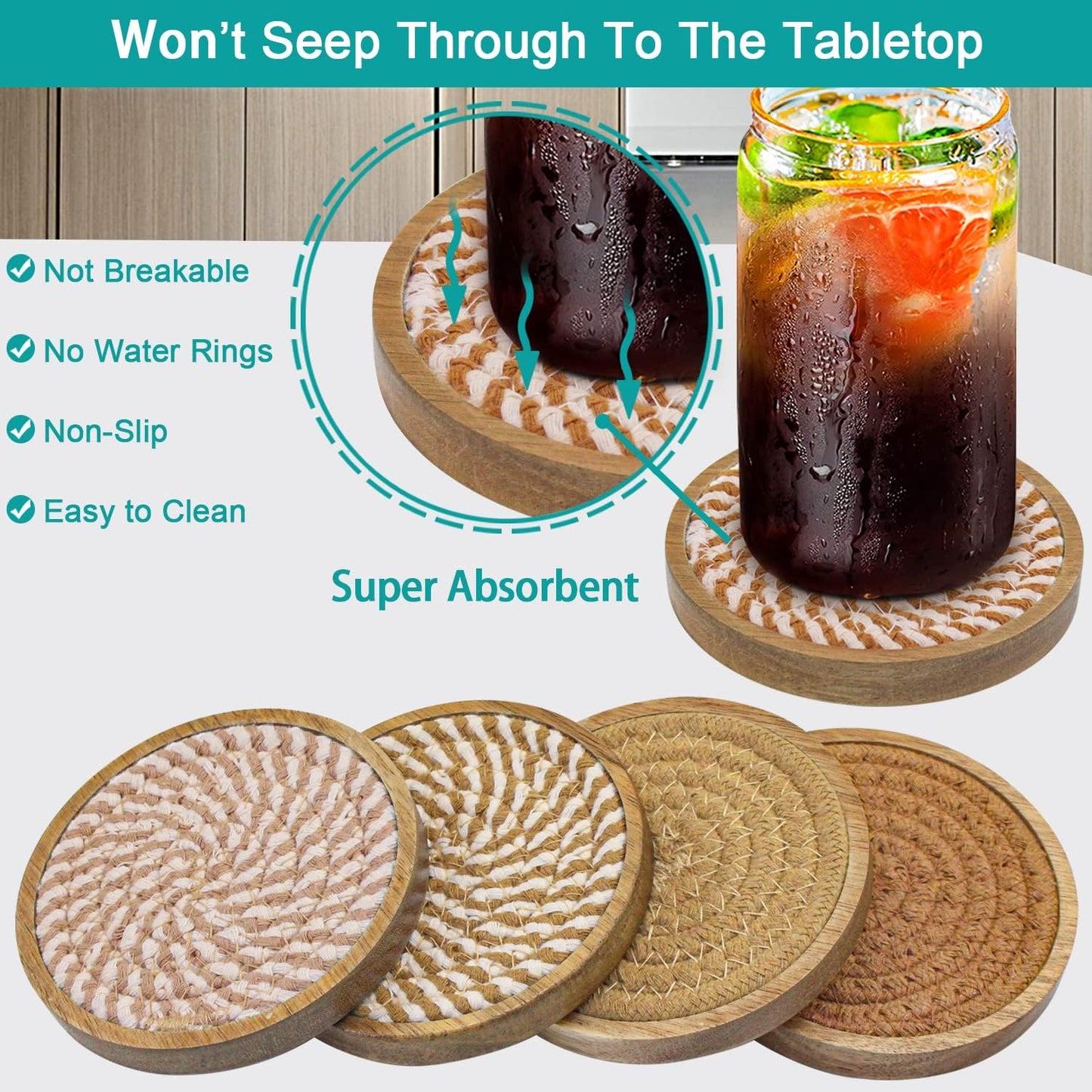 5 Pack Coasters for Drinks Absorbent, 4.3 inches Cork Coasters for Coffee Tables, Wooden Drink Coasters for Table Protection, Cute Coasters for Kitchen, Farmhouse, Bar, and Office (Brown Series)