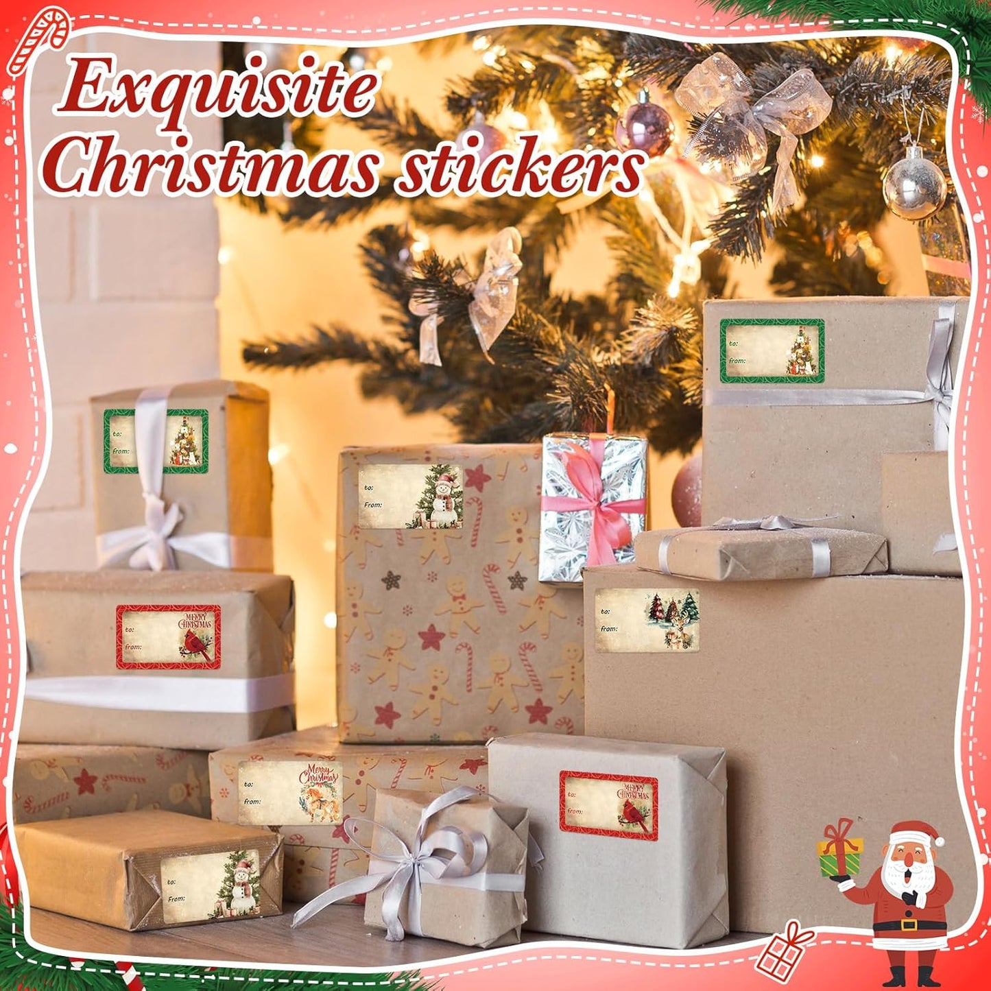 Outus 500 Pieces Christmas Tags Self Adhesive Gift Tags for Xmas Presents Christmas Name Labels Stickers for Wrapping Paper Festival Birthday Holiday Decor(Vintage Fashion Style,2.76 x 1.57 Inch)