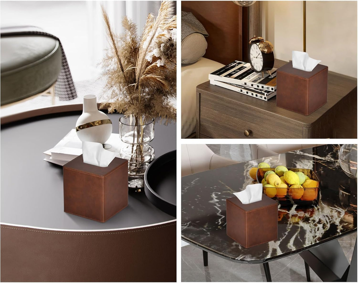 Tissue Box Cover Square PU Leather Facial Tissue Box Holder for Dresser Bathroom Decor (Brown)