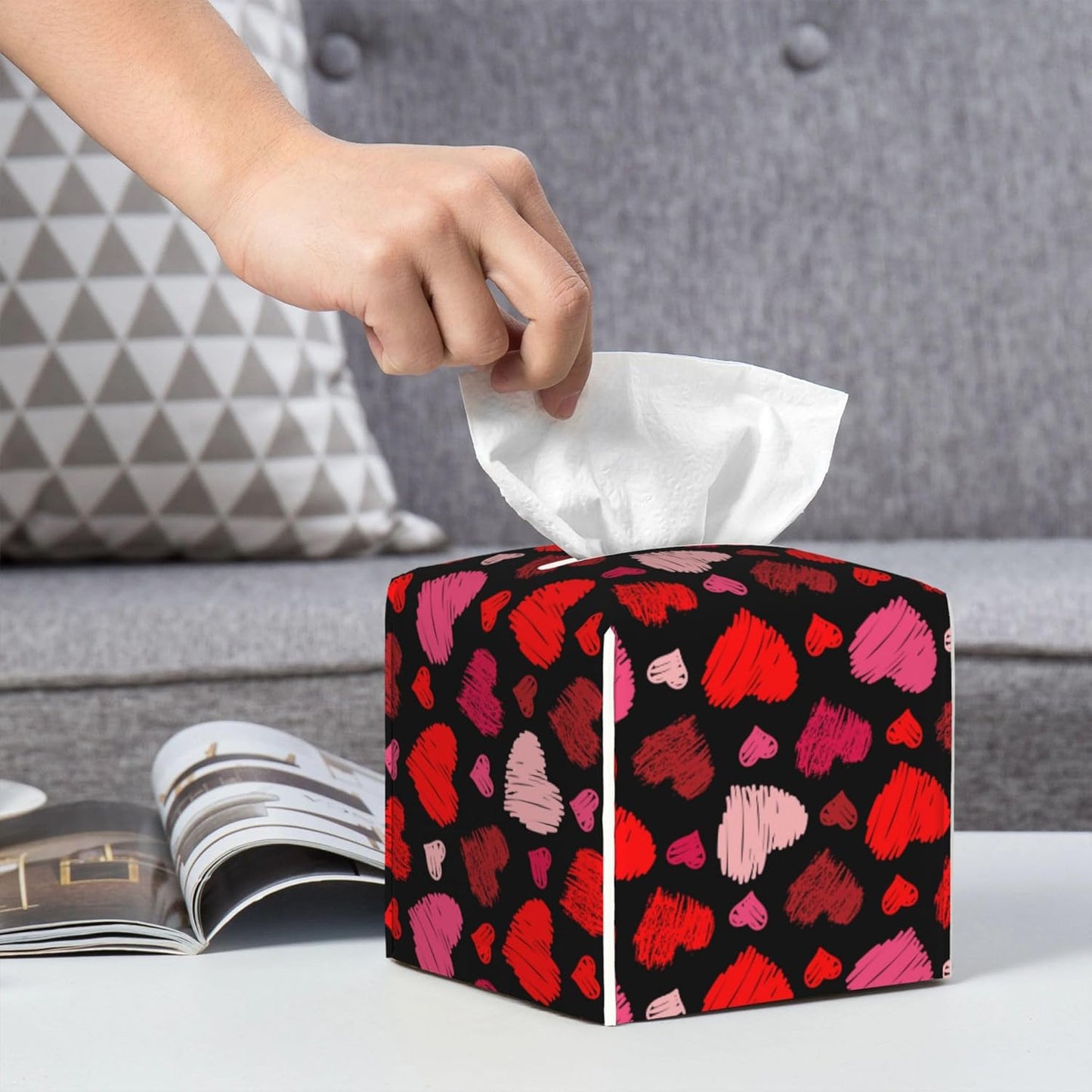 Tissue Box Cover, Colorful Hearts Pu Leather Square Tissue Box Cover Case Organizer Cube Box Holder for Bathroom Vanity Countertop, Night Stands, Office Desk & Car 5.2X5.2X5.2''