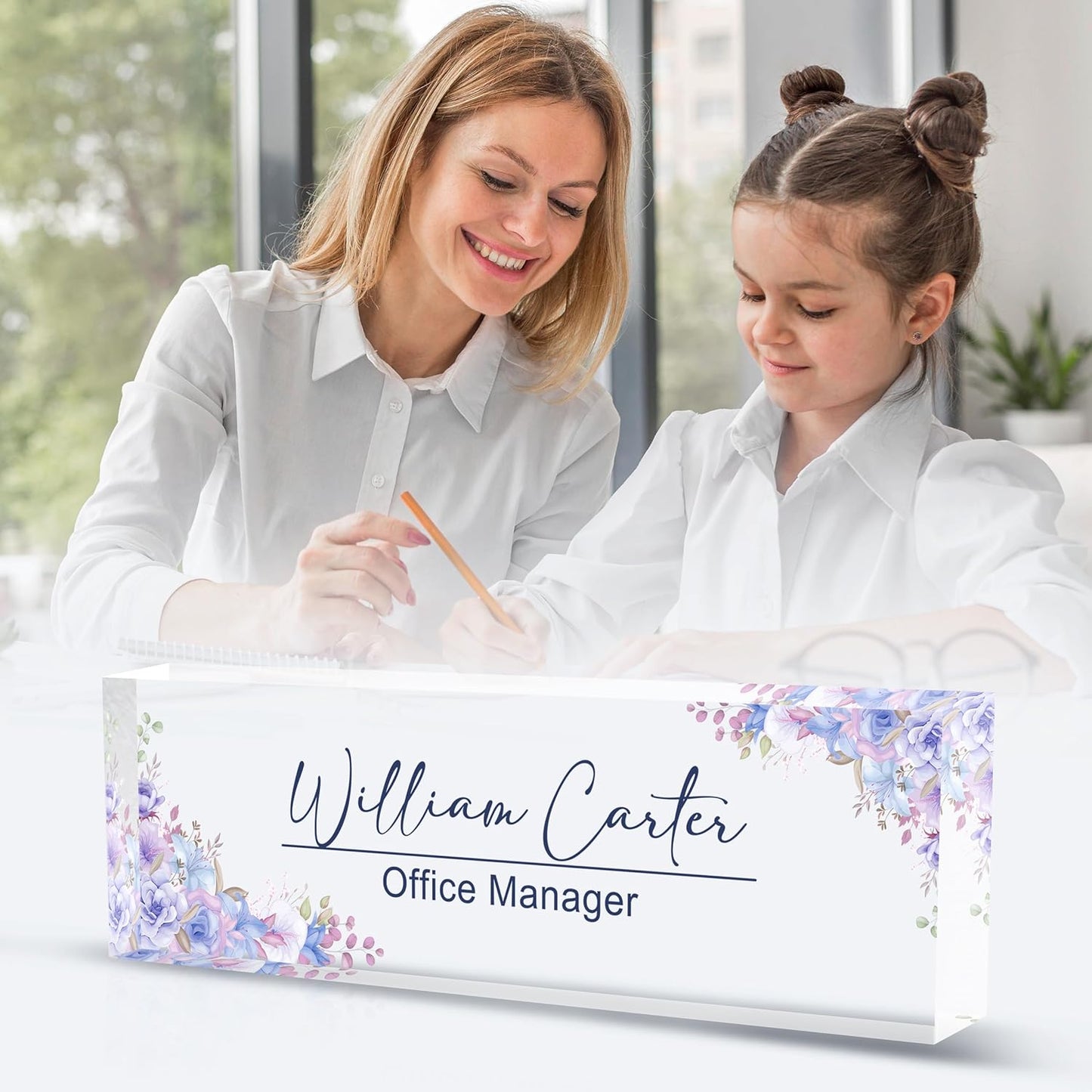 Personalized Name Plate for Desk Custom Acrylic Desk Name Plate Custom Employee Appreciation Gifts Office Gifts for Women, Men, Boss, Coworkers, Teacher, Nurse (Purple Flower)