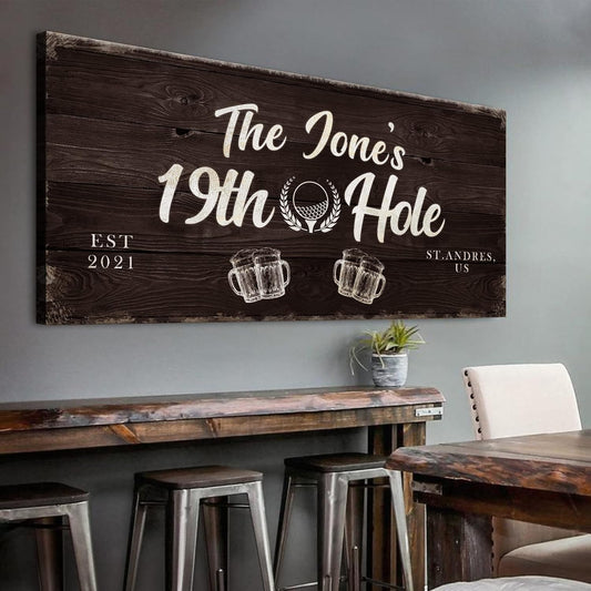 TAILORED CANVASES Golf Art Decor - Personalized Vintage Golf Wall Art Sign for Man Cave, Bedroom, Basement, Home Bar and Custom Gift for Husband, Dad, Wedding & Anniversary - 19th Hole Sign, 36"x12"