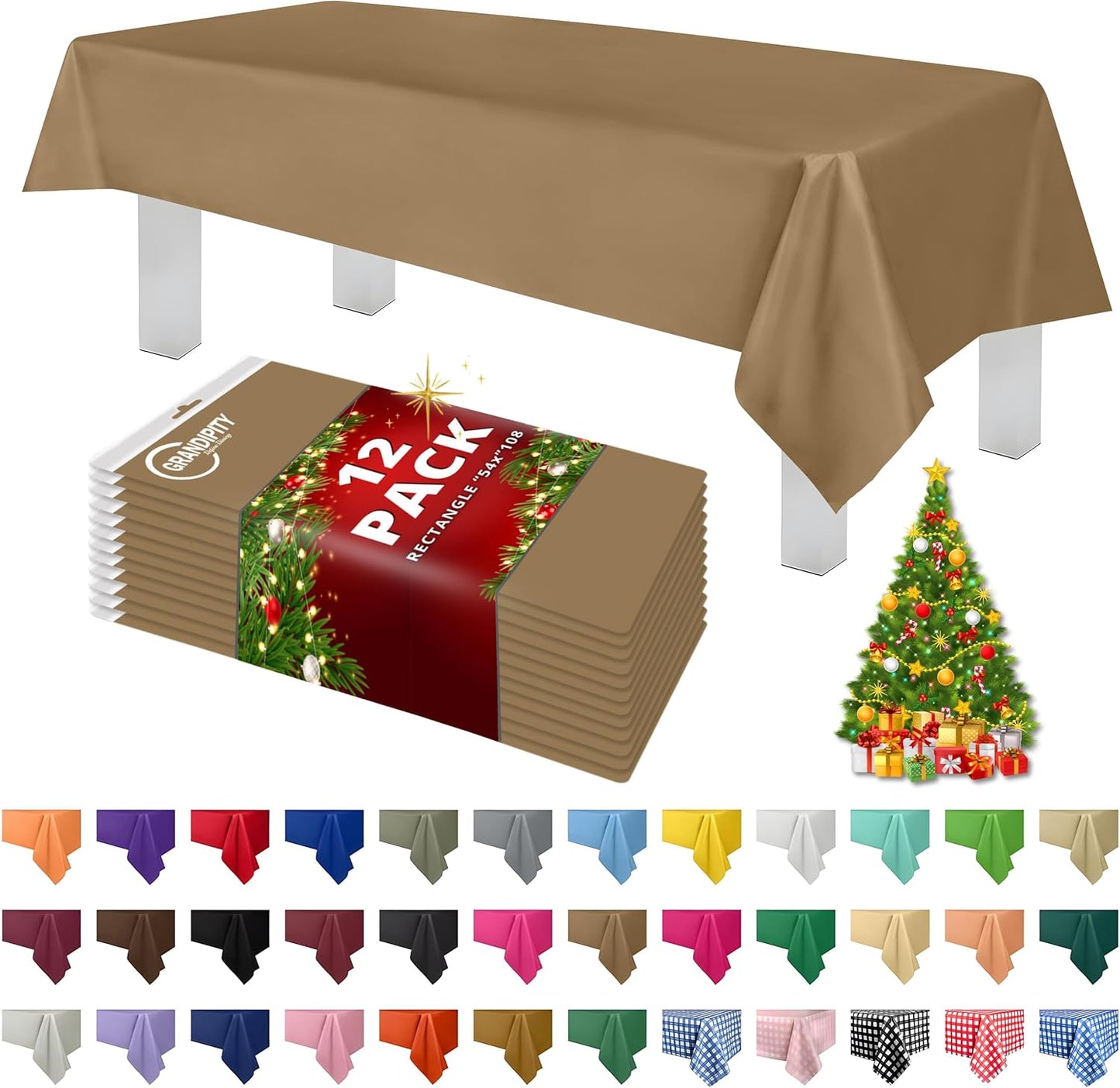 Grandipity 12 Pack Premium Disposable Plastic Tablecloth 54 Inch. x 108 Inch. Decorative Rectangle Table Cover - Gold
