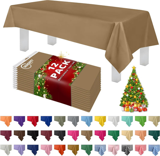 Grandipity 12 Pack Premium Disposable Plastic Tablecloth 54 Inch. x 108 Inch. Decorative Rectangle Table Cover - Gold