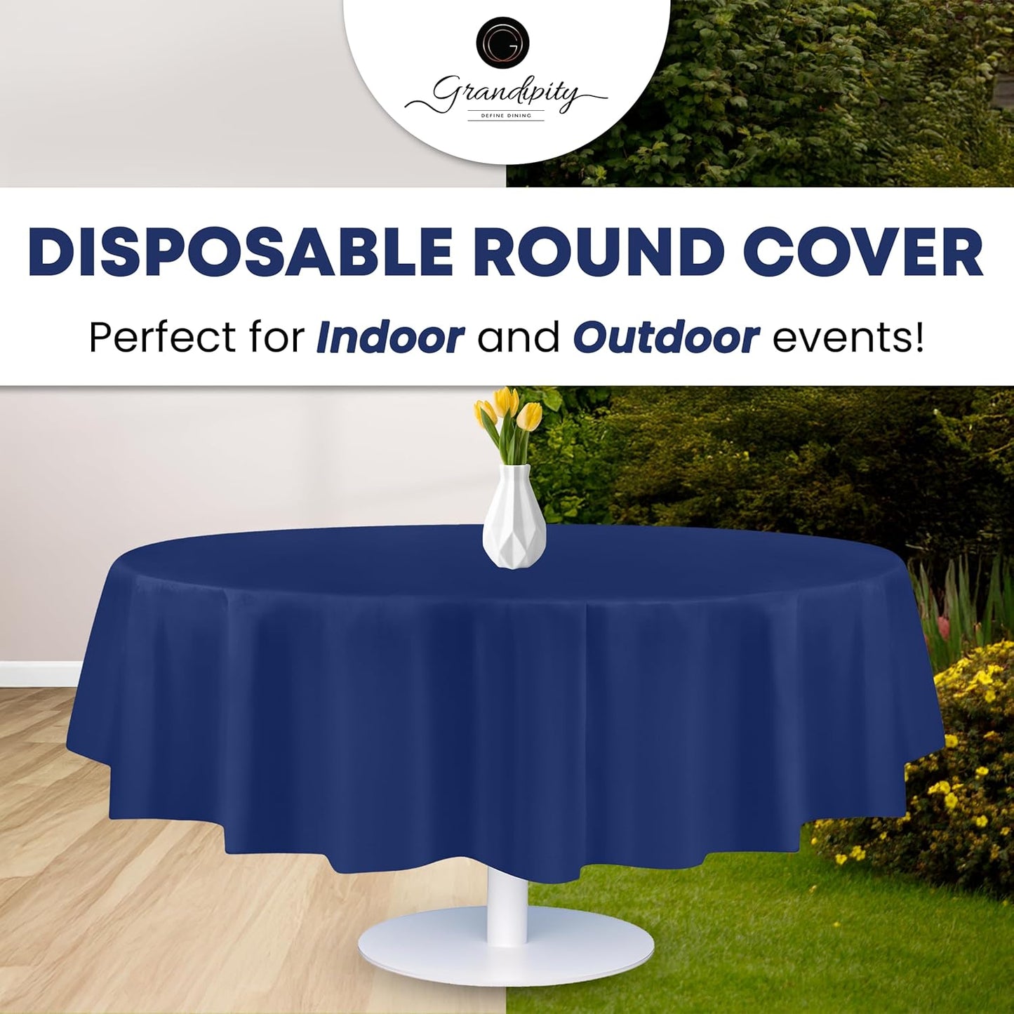 Grandipity 12 Pack Premium Disposable Plastic Tablecloth 84" Inch Decorative Round Table Cover - Navy Blue