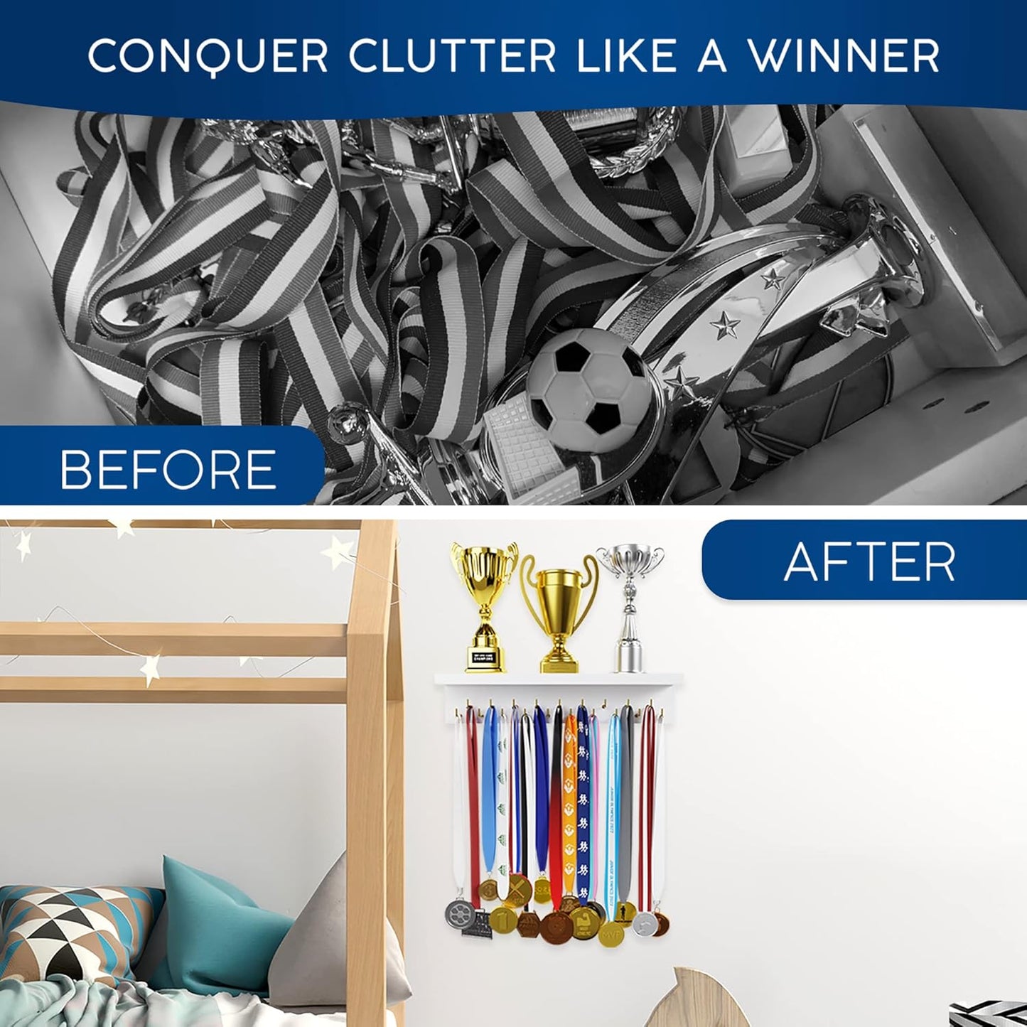 EVERMORE Medal Hanger Display and Trophy Shelf with Hooks - Wooden Medal Holder for Wall Mount Ribbon Display, Trophy Display Shelf for Gymnastics, Soccer, Running Race Medals Awards Rack