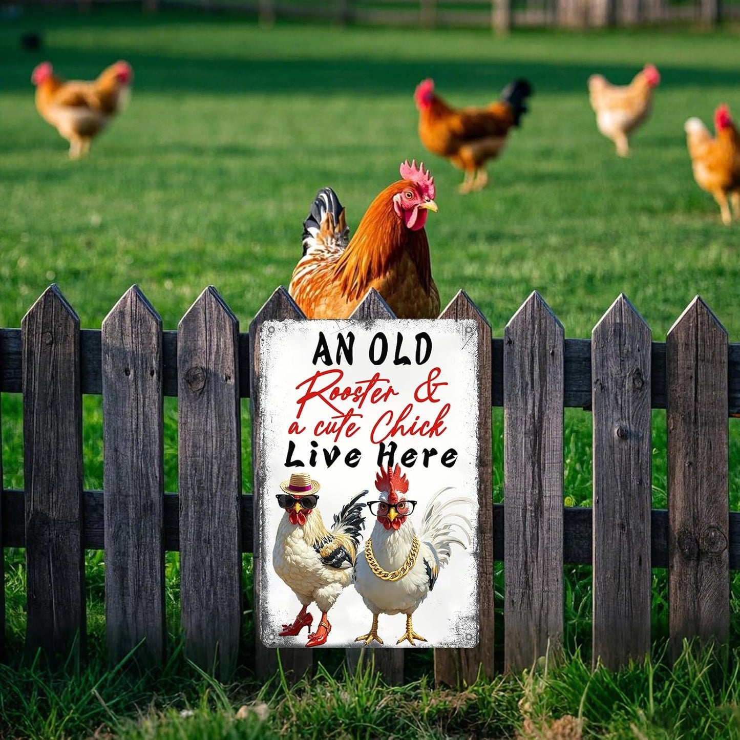 Rooster Decor Chicken Signs For Coop Chicken Coop Accessories Metal Tin Sign Vintage Style An Old Rooster & A Cute Chick Live Here Iron Poster Home Garden Kitchen Wall Decor 12x8 Inch Farmhouse Outdoor Plaque