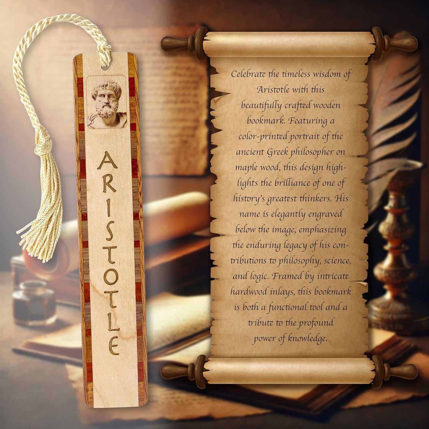 Aristotle Greek Philosopher Portrait with Engraved Signature Wooden Bookmark - Made in USA - Also Available with Personalization