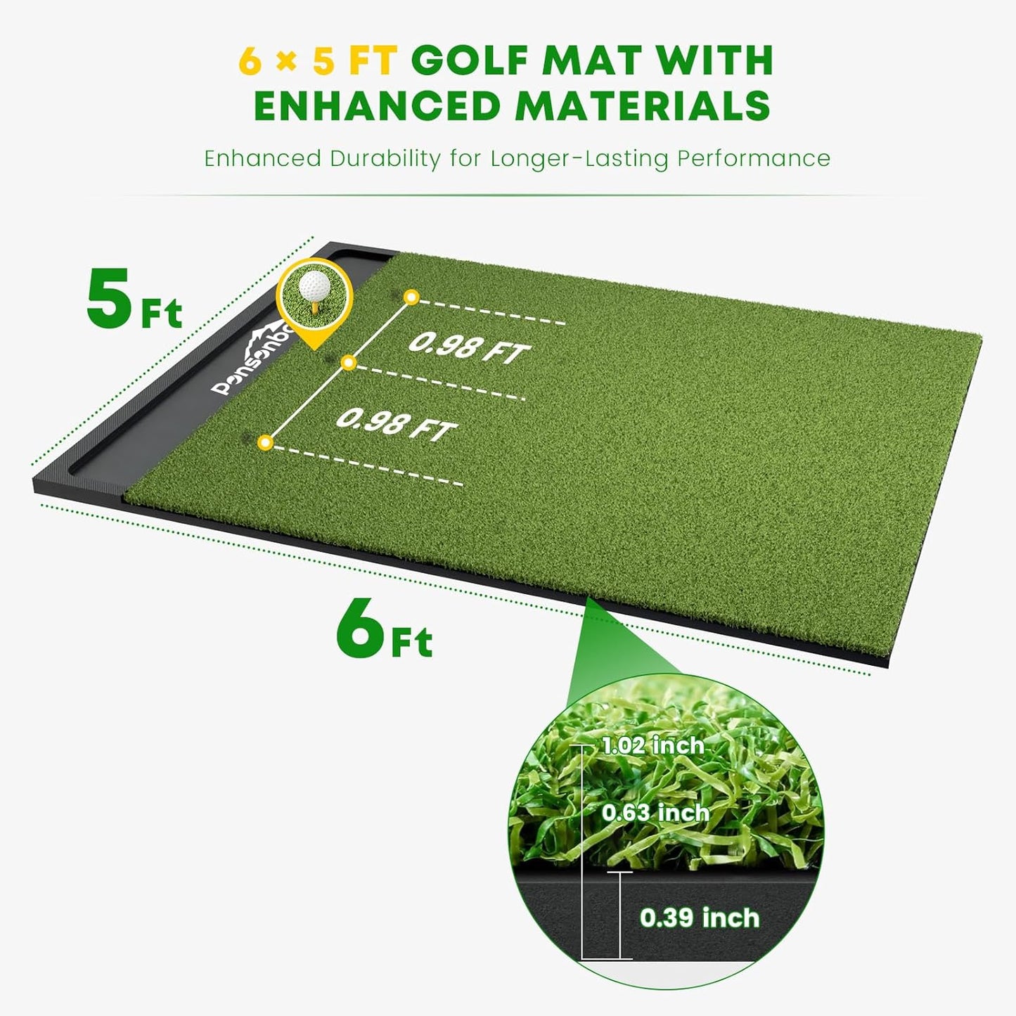 Integrated 5x4ft & 6x5ft 26mm-31mm Golf Mat with Ball Tray, Thickening Golf Mats Practice Outdoor & Indoor, Artificial Turf Matt with 3 Tees for Hitting, Driving Chipping, Swinging