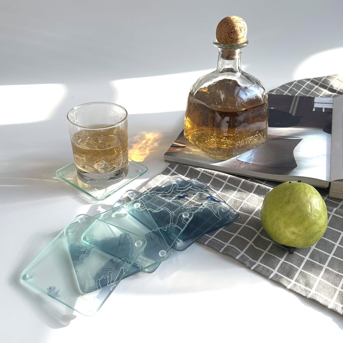 Whistler, BC 3D Contour Map Glass Drink Coasters of Mountains, Ski Resort, Set of 6 with Holder, Housewarming Birthday Gifts, Home Decor