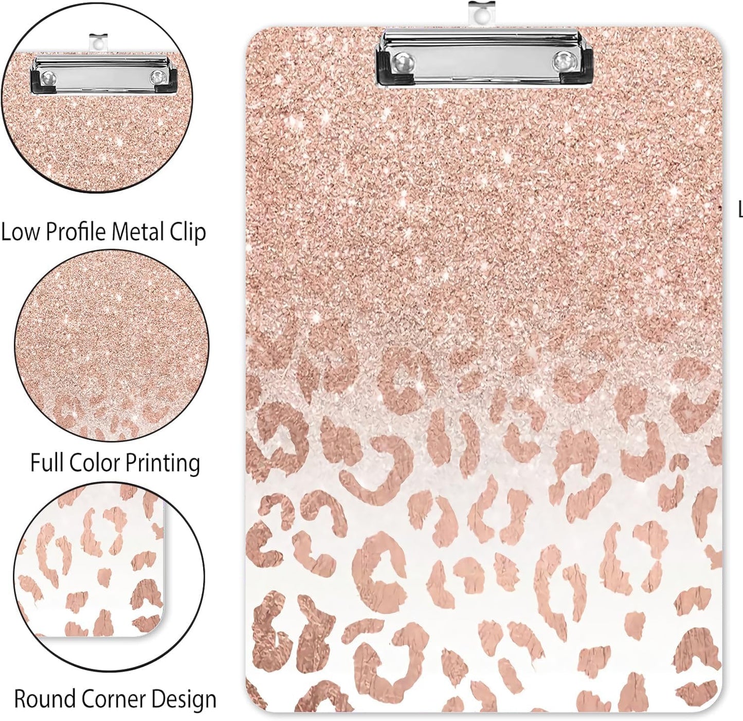 Fashion A4 Clipboard, Standard Letter Size 9" x 12.5", Decorative Wooden Clipboard with Low Profile Metal Clip for Office, School, Teachers, and Students, Rose Gold Leopard
