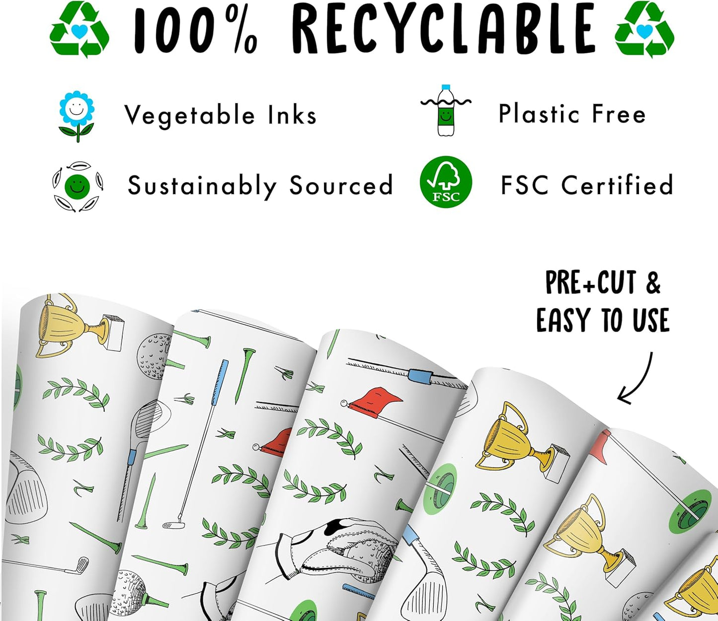 CENTRAL 23 Golf Wrapping Paper - 6 Sheets White Wrapping Paper For Men Dad Grandpa Uncle - Golf Sports Club - Comes With Stickers - Recyclable - Christmas Wrapping Paper Sheets