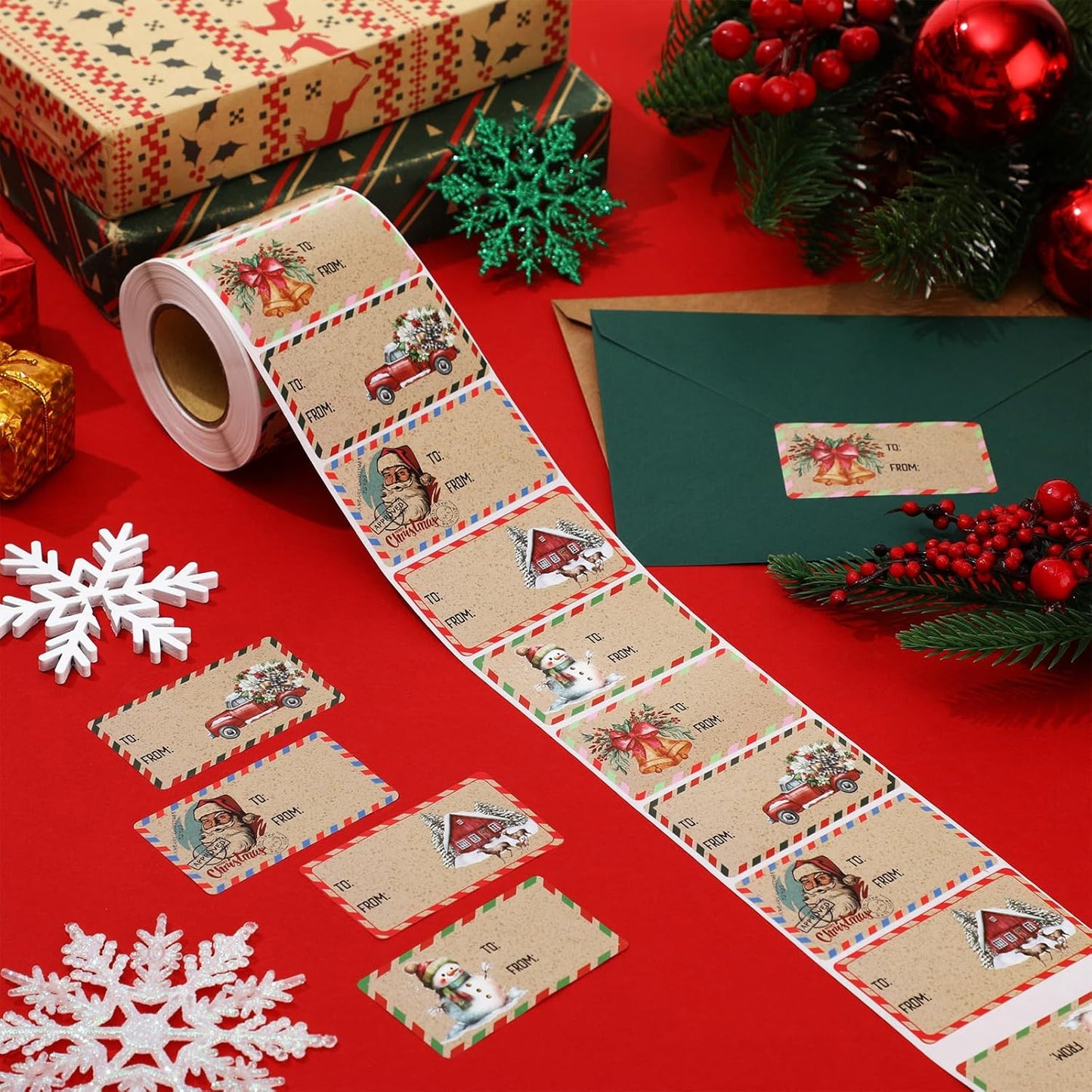 Outus 500 Pieces Christmas Tags Self Adhesive Gift Tags for Xmas Presents Christmas Name Labels Stickers for Wrapping Paper Festival Birthday Holiday Decor(Retro Style,2.76 x 1.57 Inch)