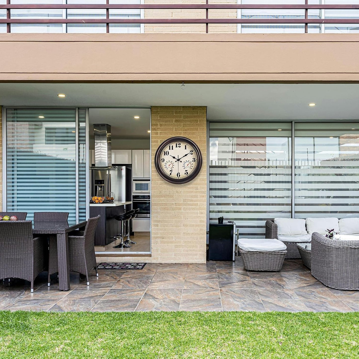 JENLYSTIME 13 Inch Dark Brown Vintage Waterproof Indoor/Outdoor Wall Clock with Thermometer & Hygrometer Large Silent Numerals & Accurate Timekeeping for Living Room, Porch&Garden&Pool