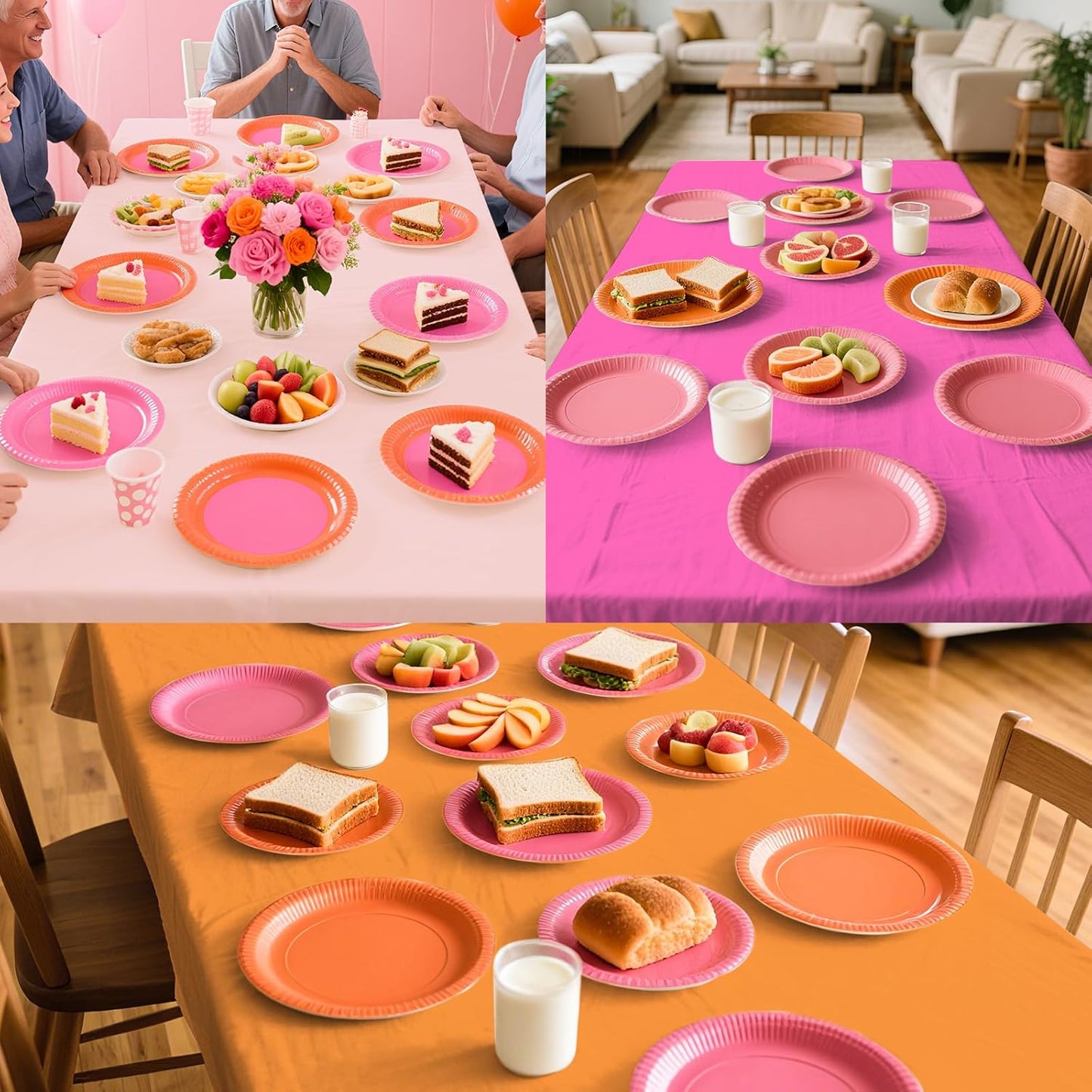 Grencian 3 Pack Pink and Orange Plastic Tablecloth Party Decorations Hot Pink and Orange Disposable Tablecloth Rectangle Table Cloth for Tequila Sunrise Sunset Birthday Party Decorations 54x108 Inch