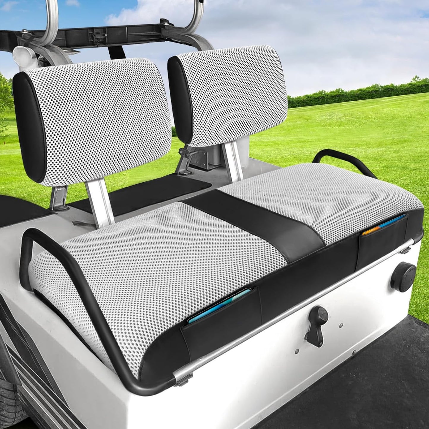 Club Car DS Pre-2000 Seat Cover, Golf Cart Seat Covers for Club Car DS 1982-2000 OEM Ordinary Seat, Breathable Polyester Mesh Cloth and Leather Combination Appearance, No Need Detaching Armrests