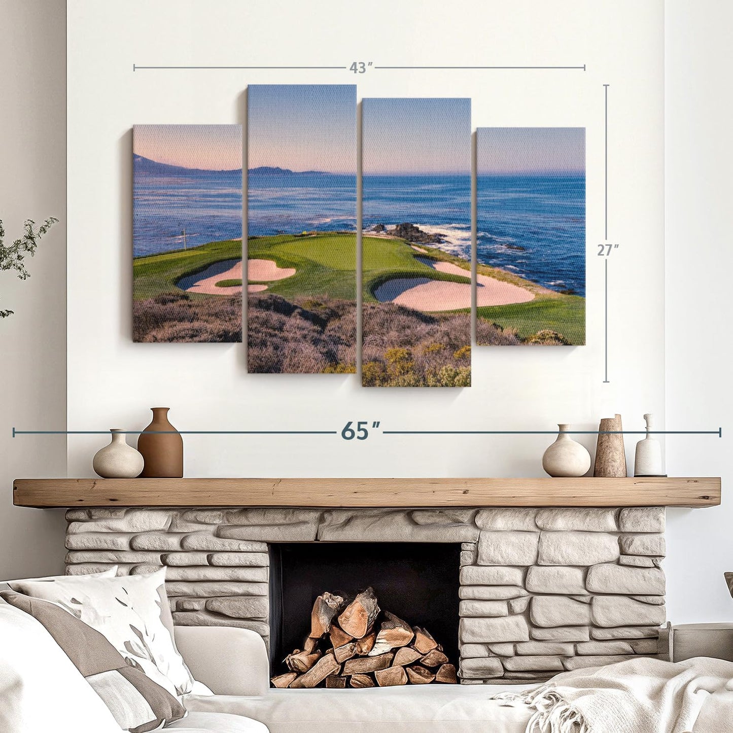Elephant Stock Pebble Beach Golf Club Wall Art - Horizontal Canvas - 4-Piece Living Room Wall Decor - Luxury Photography Canvas Print - Beige and Blue Decor for Wall - 43" X 27"