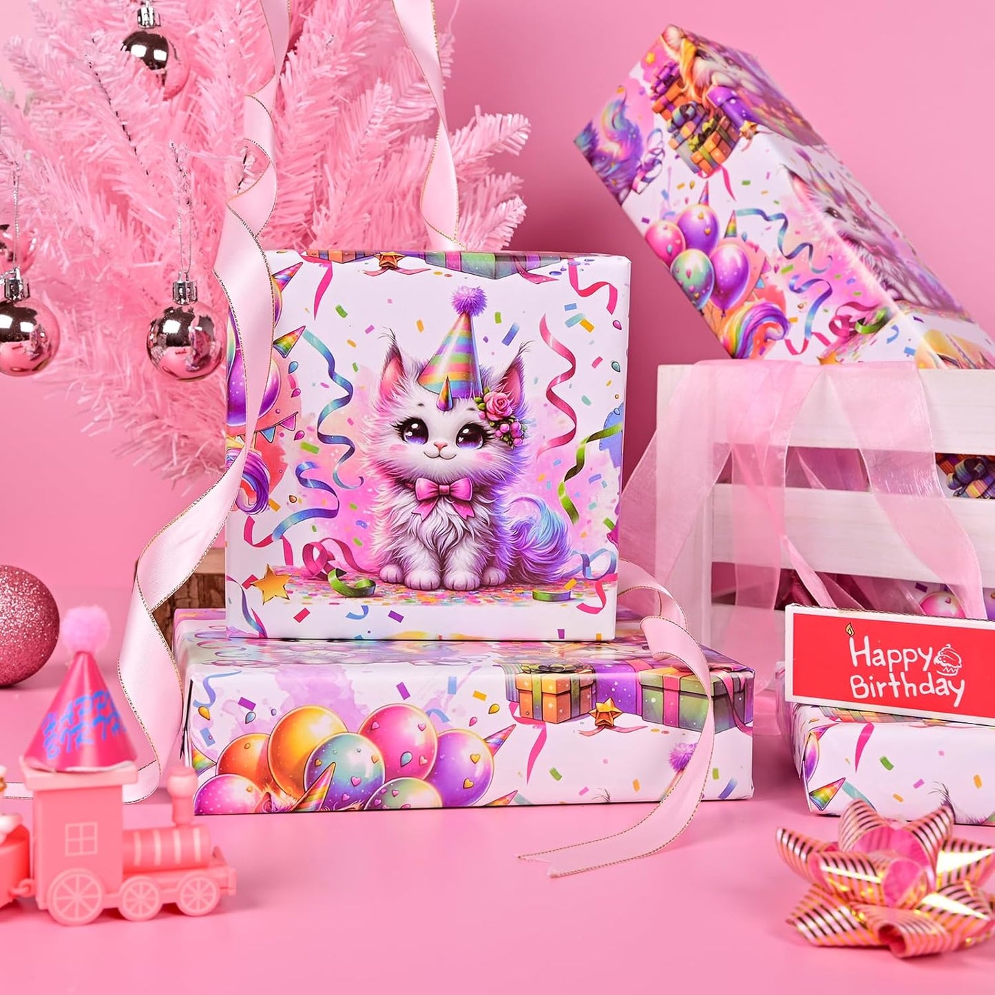 Vnaaem Cat Birthday Wrapping Paper Roll for Girls Kids - Colorful Cat and Confetti Design Gift Wrap for Holiday Party Baby Shower Wedding Birthday - 17 in x 20 ft(Total 28.5sq.ft)
