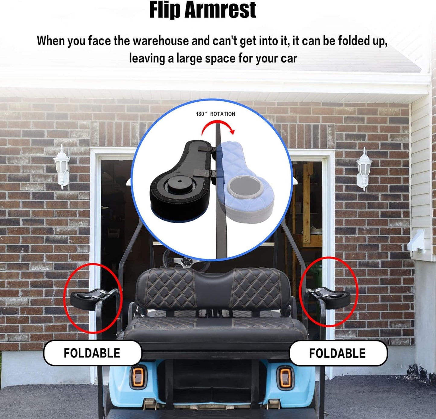 NOKINS Golf Cart Diamond Flip Armrest with Cup Holder, No Drilling Required, Golf Cart Folding Hinged Armrest, Inward Mount, for Club Car EzGo Yamaha Back Seat Kit