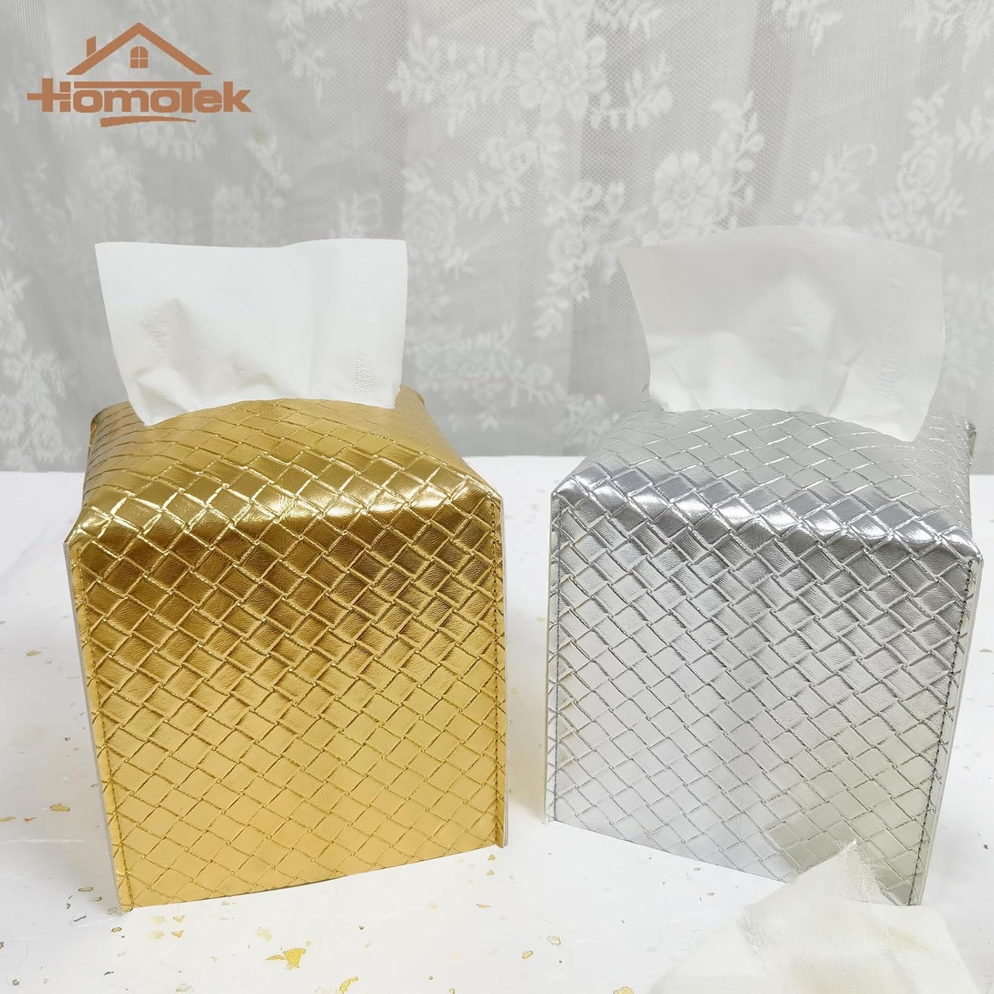 HOMOTEK 2 Pack Tissue Box Cover, Square PU Leather Tissue Holder, Decorative Facial Tissue Cube Paper Organizer Dispenser for Bathroom, Night Stands, Desk, Car 5X5X5'' - Woven Waffle, Brass