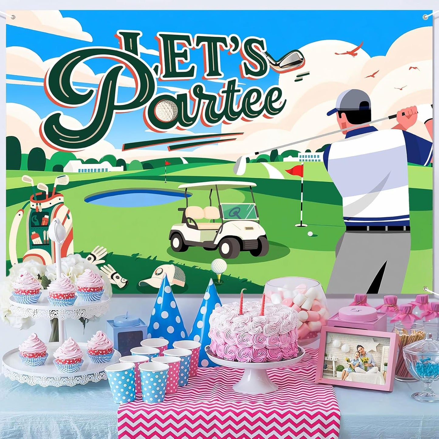 Let's Partee Golf Theme for Birthday Backdrop Green Grass Club Sports Grounds Photo Background Adult Kids Golf Birthday Party Decorations Banner Photo Booth Studio Props 9X6ft
