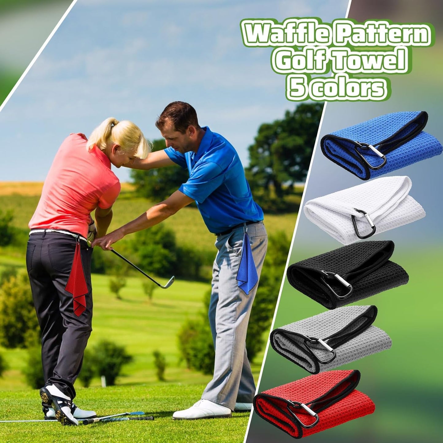 Batiyeer Golf Towels Bulk for Bags 16'' x 16'' Microfiber Waffle Pattern Golf Towel with Clipfor Mini Tournament, Club, Yoga, Fitness