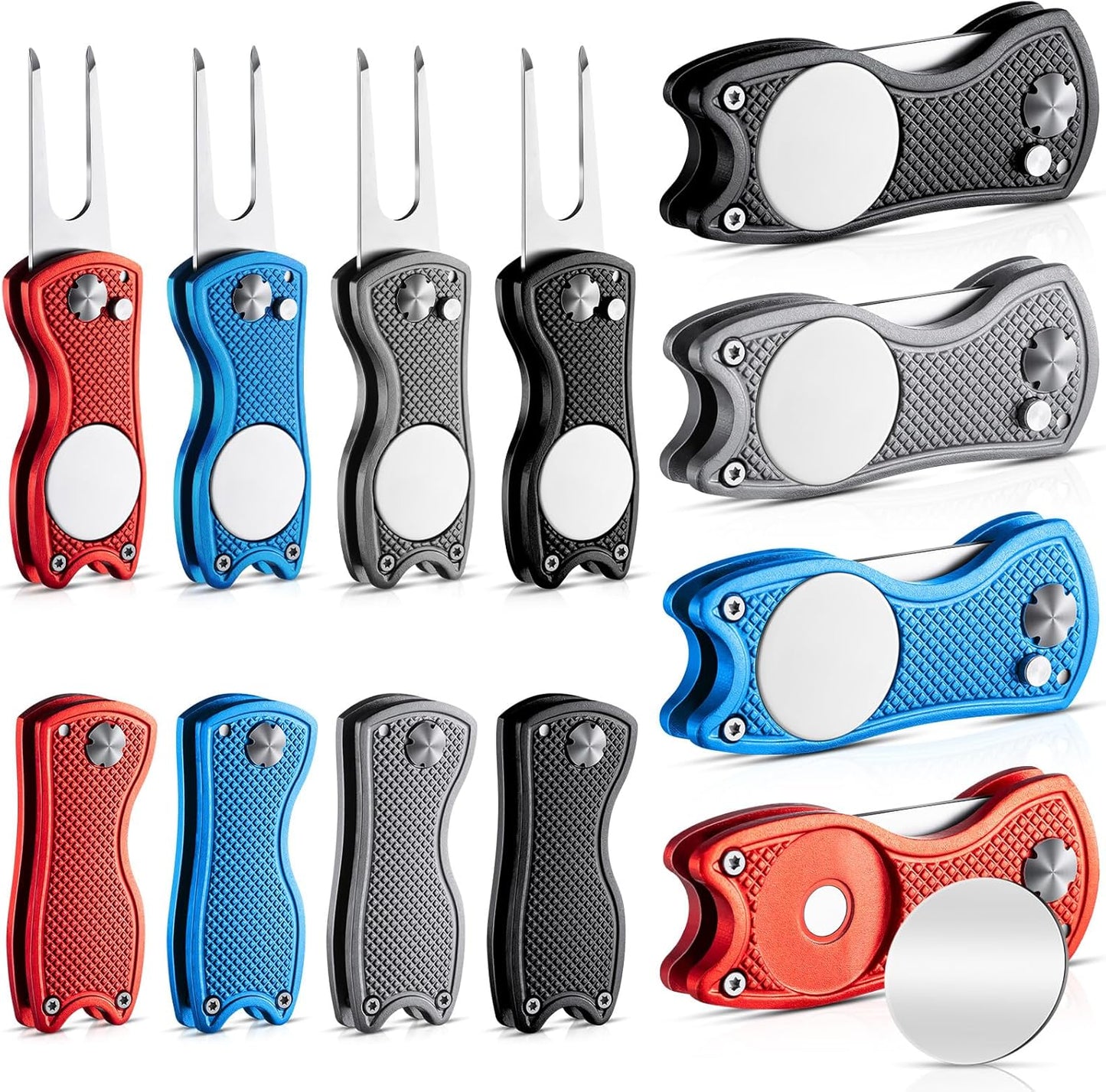 Poen 12 Pcs Golf Divot Tool Golf Repair Tool with Magnetic Ball Marker and Popping Button Metal Foldable Switchblade Repair Fixer for Golfers Prizes