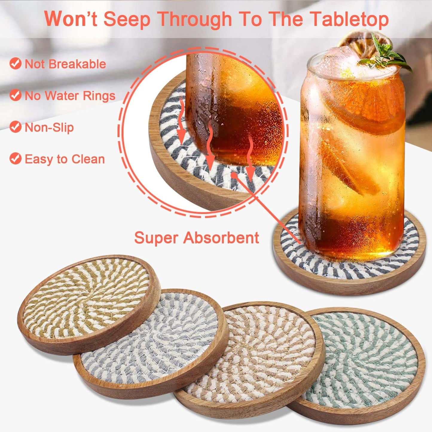 5 Pack Absorbent Coasters for Drinks, 4.3 Inches Cork for Coffee Tables, Wooden Drink Protection, Cute for Kitchen, Farmhouse, and Office (Colorful Series)
