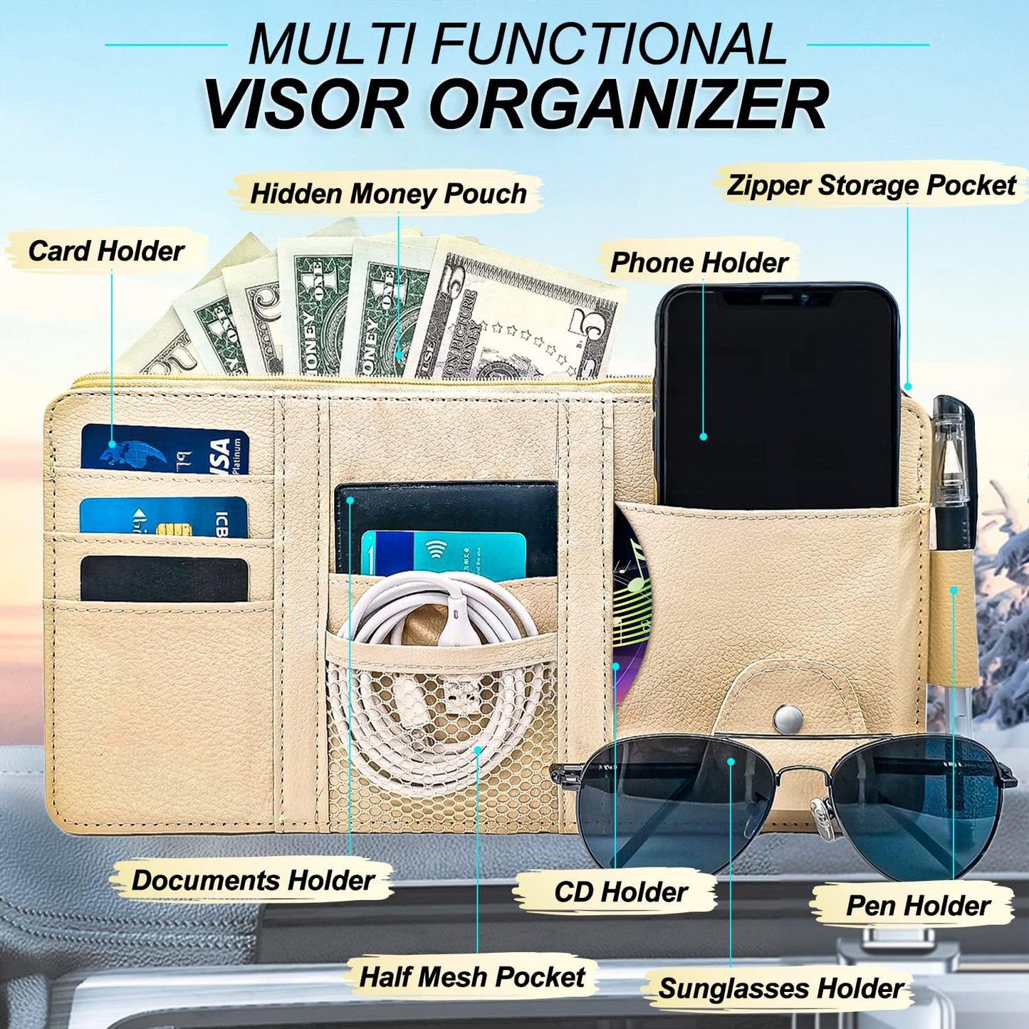 Keedolla Car Sun Visor Organizer Auto Interior Accessories Pocket Organizer, Sunglasses Holder Car Truck Visor Storage Pouch for Cards, Pens and Document - Beige